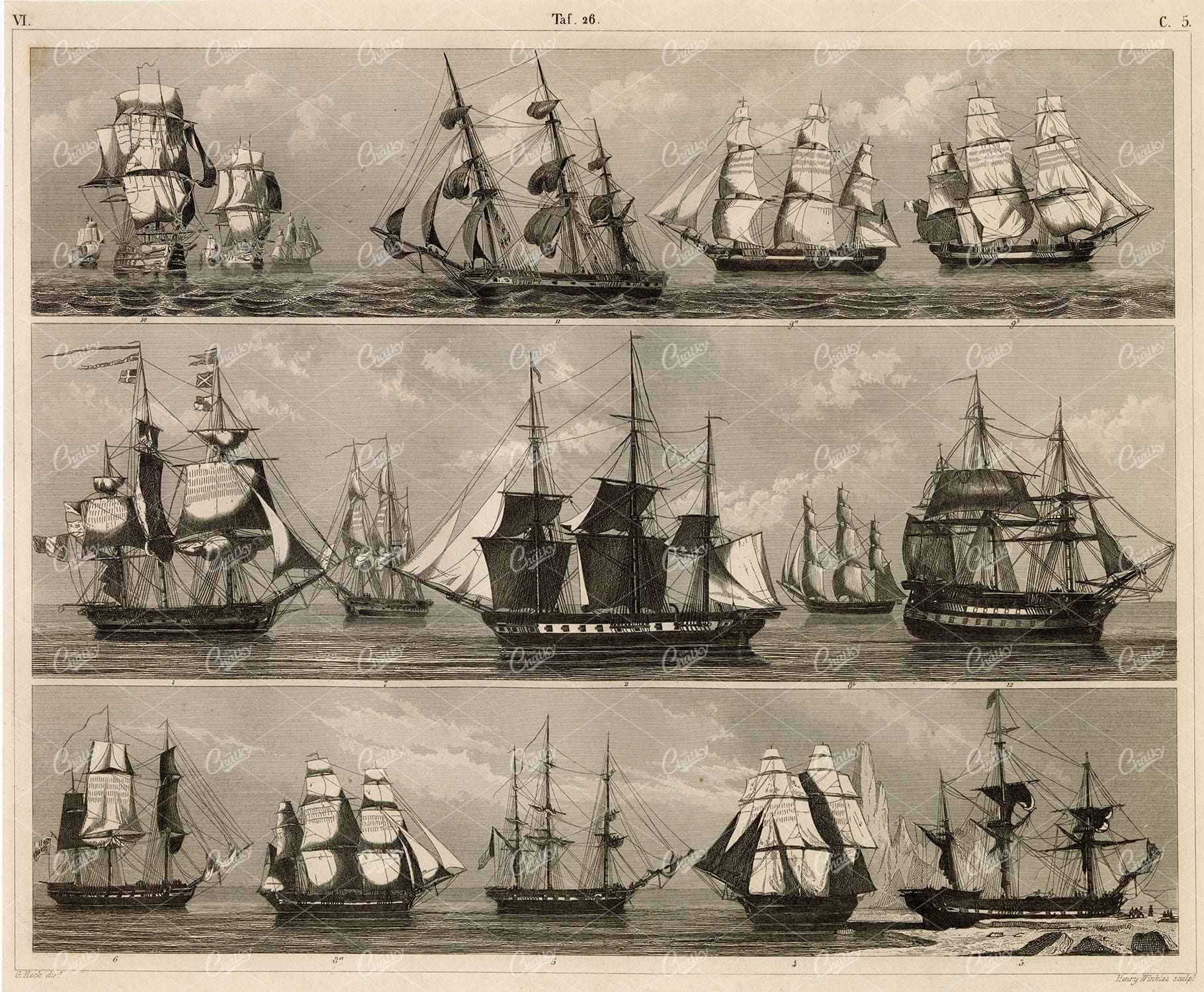 ORIGINAL Navy Print - Variety of Antique Ships - Original Heck Engraving