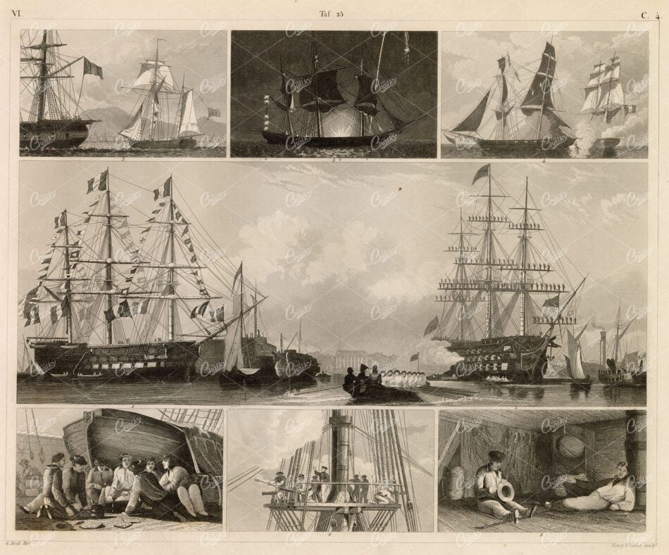 NAVAL Sciences - Old English and French Ships - Original Heck 1851 Print