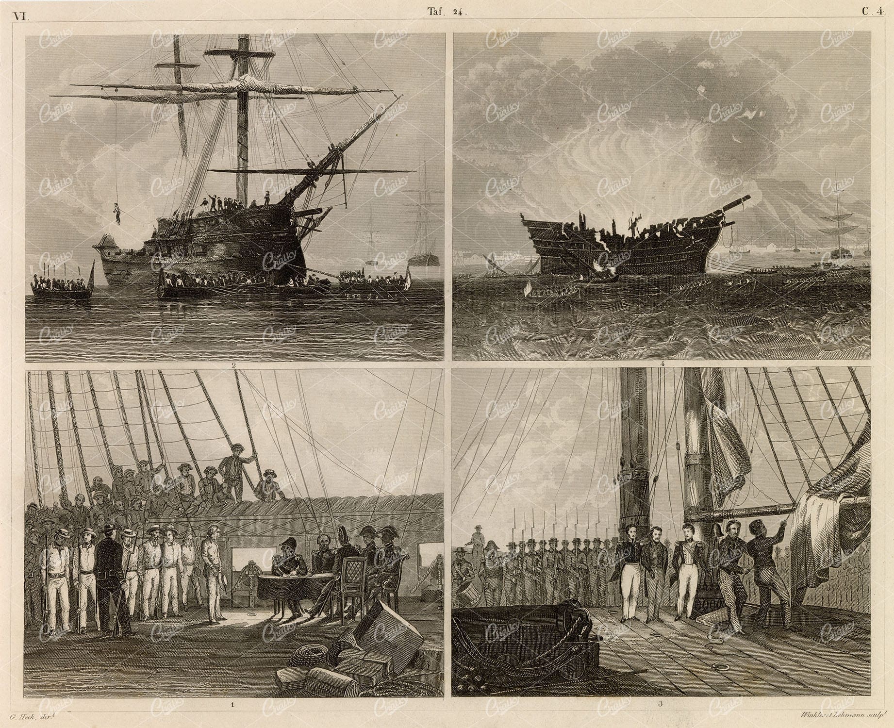 NAVAL Sciences - Life on an Old Ship - Original Johann Heck 1851 Print