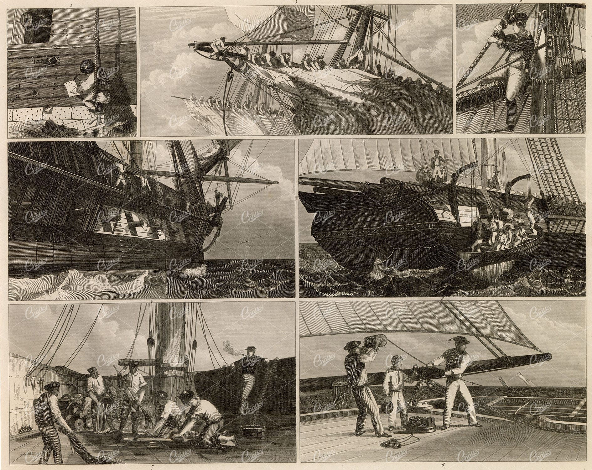 NAVAL Sciences - Life on an Old Ship - Original Johann Heck 1851 Print