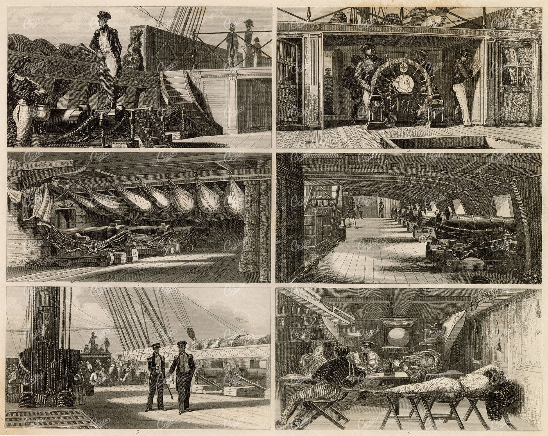 NAVAL Sciences - Various Scenes on a Boat - Johann Heck 1851 Print