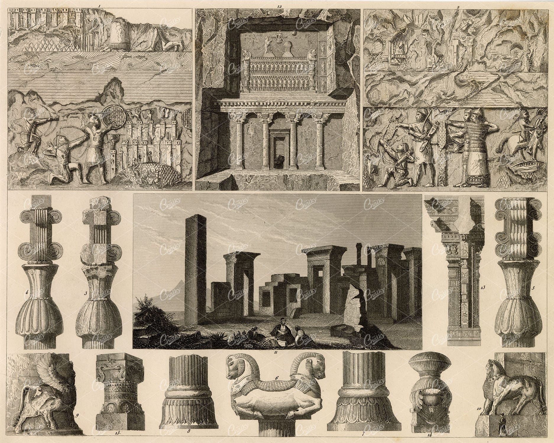 ARCHITECTURE - Ancient Tombs, Pillars, and Sculptures - 1851 Print