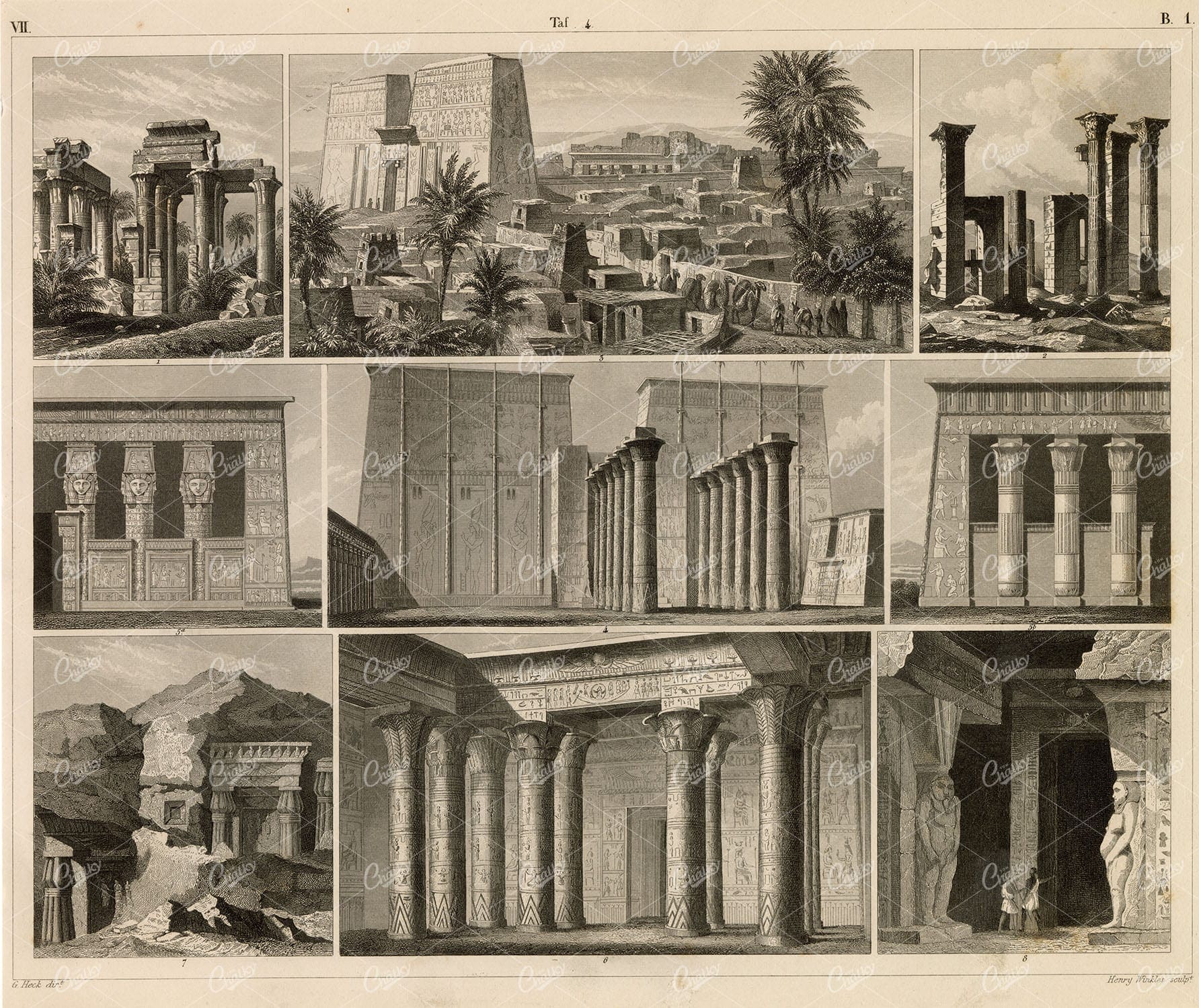 ARCHITECTURE - Ancient Templates - Antique 1851 Print by Johann Heck