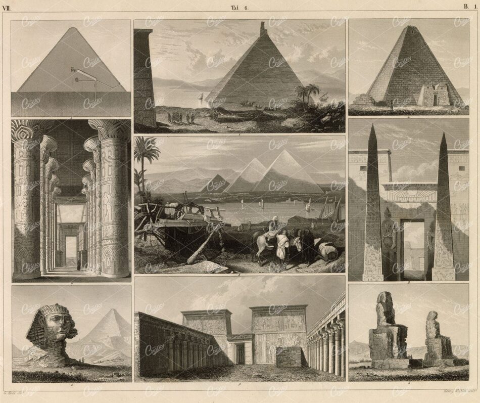 ANTIQUE Architecture Print - Sphinx, Pyramids of Gizeh - 1851 J. Heck