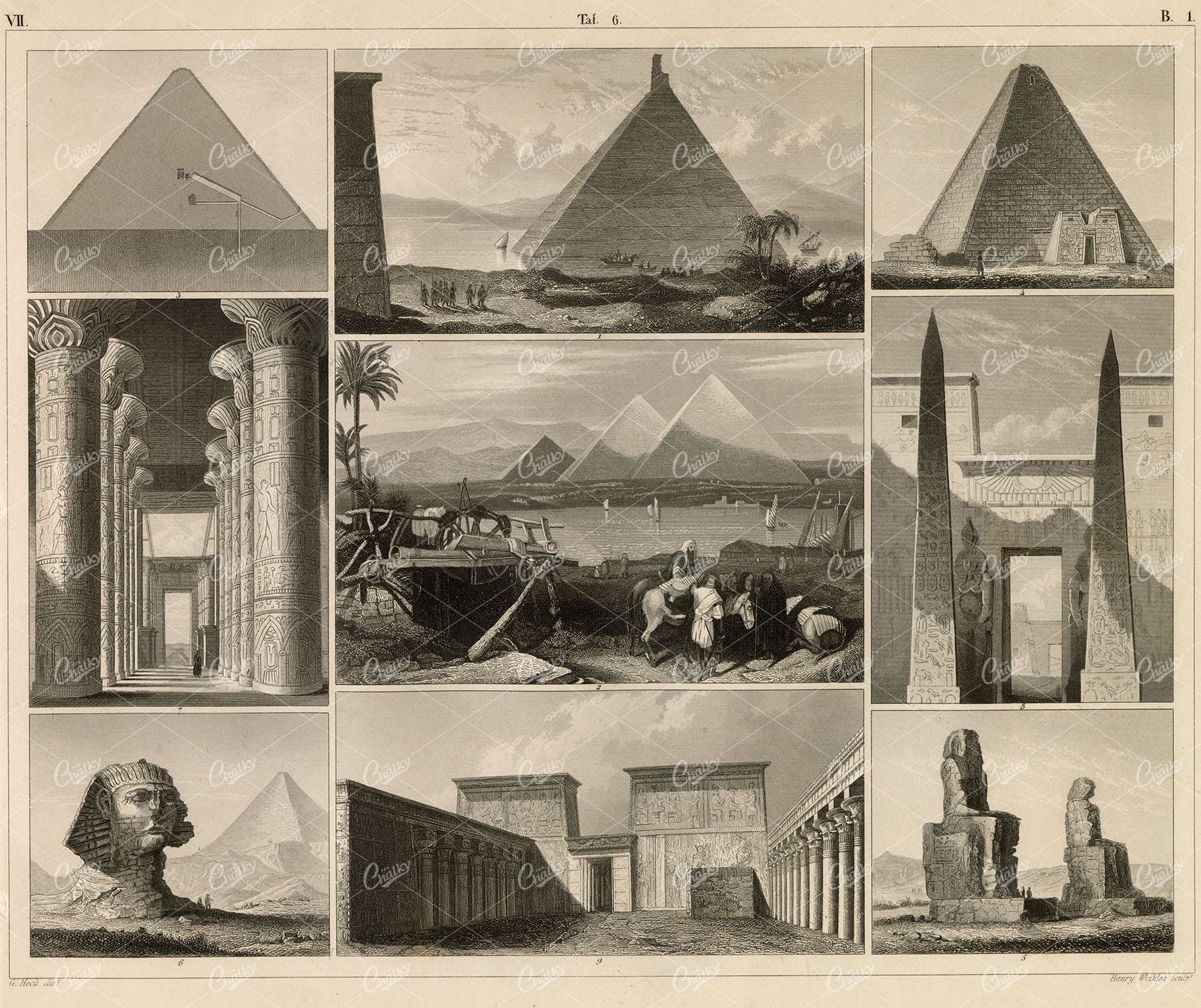 ANTIQUE Architecture Print - Sphinx, Pyramids of Gizeh - 1851 J. Heck