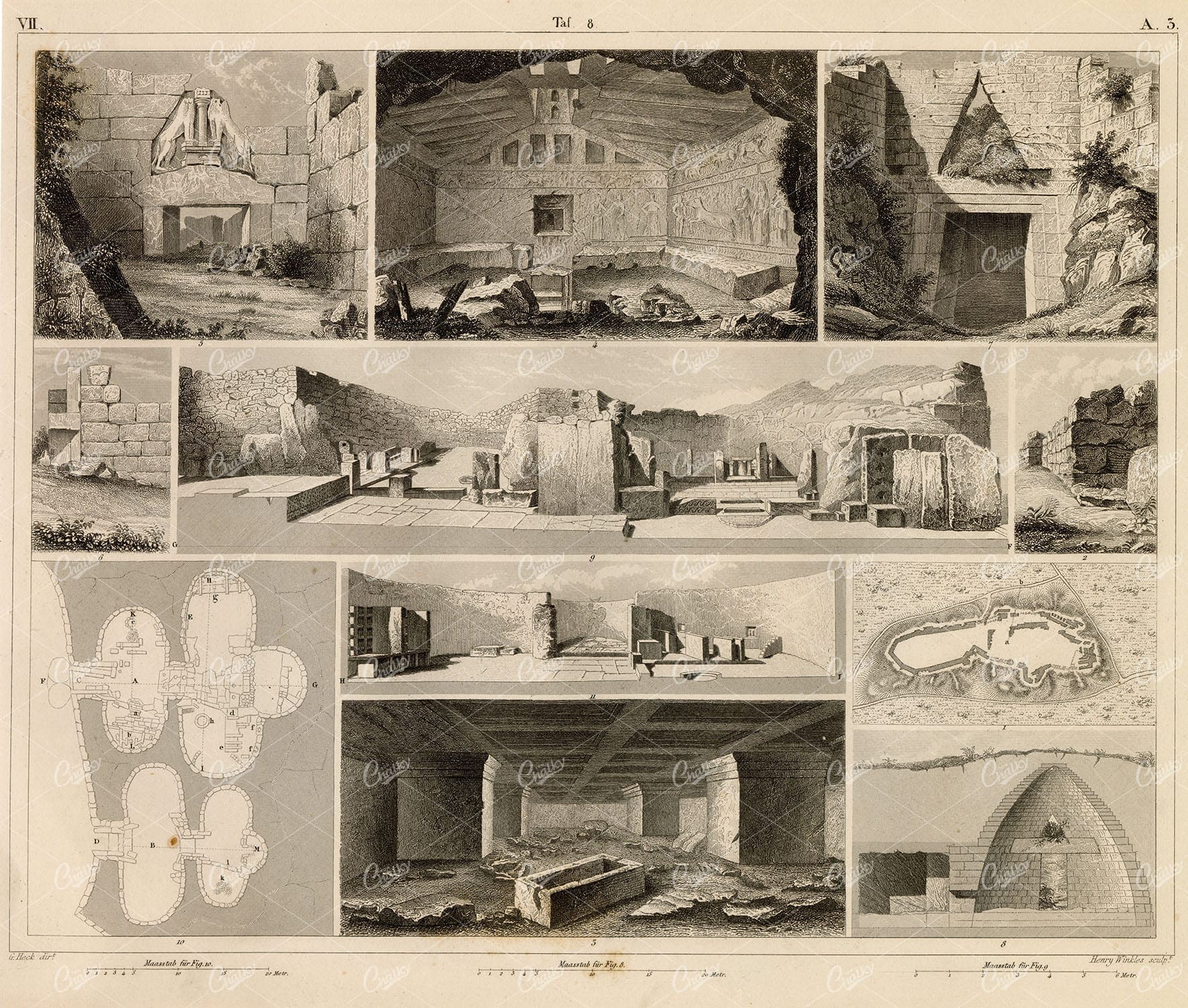 ANTIQUE Architecture Print - Ancient Ruins - 1851 Johann Heck Engraving