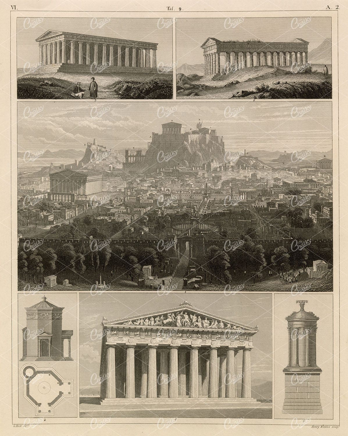ANTIQUE Architecture Print - View of Ancient Athens - J. Heck Original