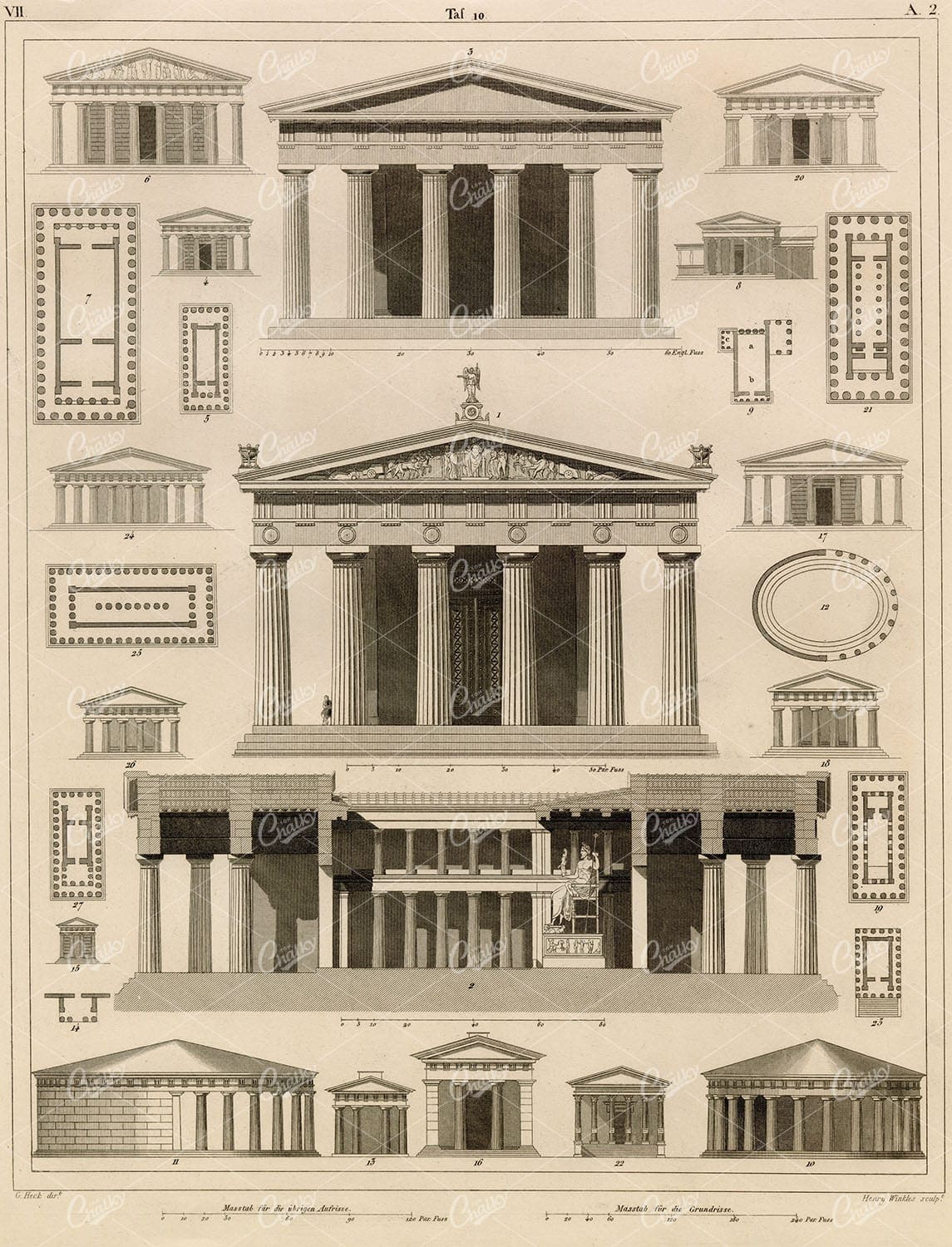 ANTIQUE Architecture Print - Ancient Temples - Original Johann Heck 1851