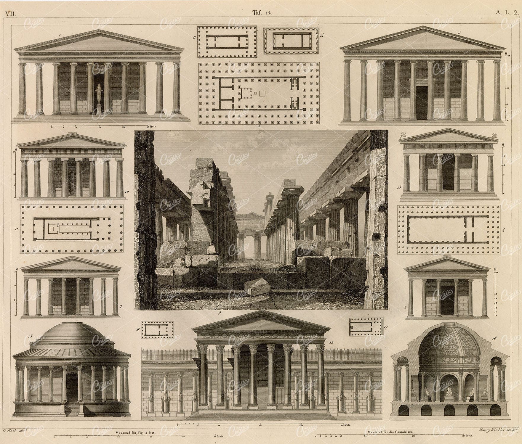 ANTIQUE Architecture Print - Ancient Temples - Original Johann Heck 1851