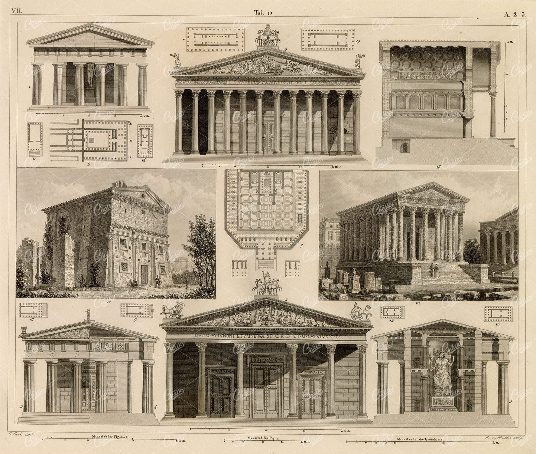 ANTIQUE Architecture Print - Ancient Temples - Original Johann Heck 1851