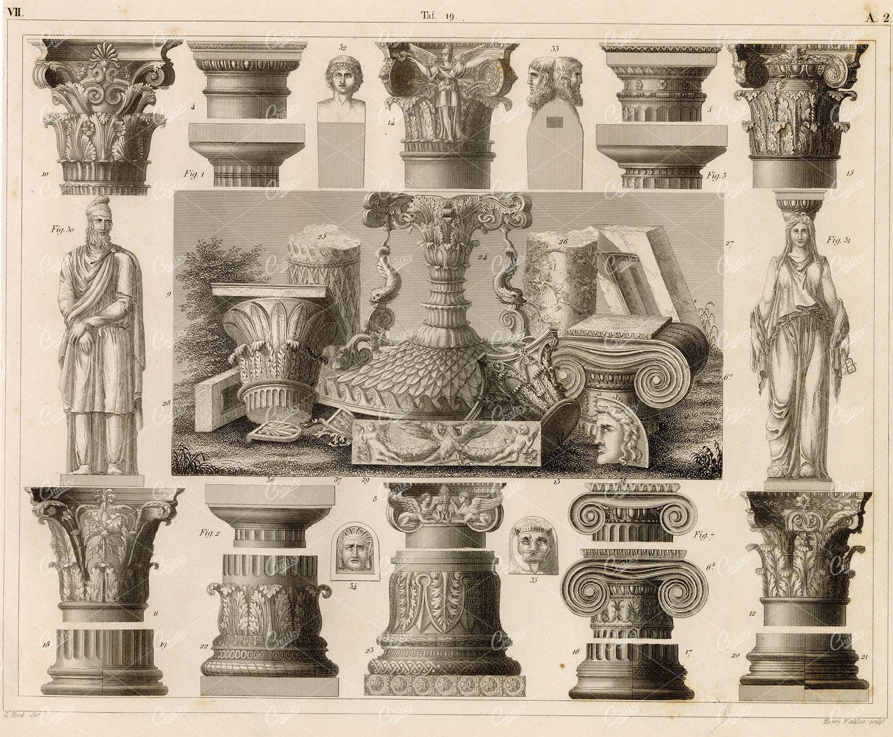 ANTIQUE Architecture Print - Variety of Ancient Dittos - J. Heck 1851