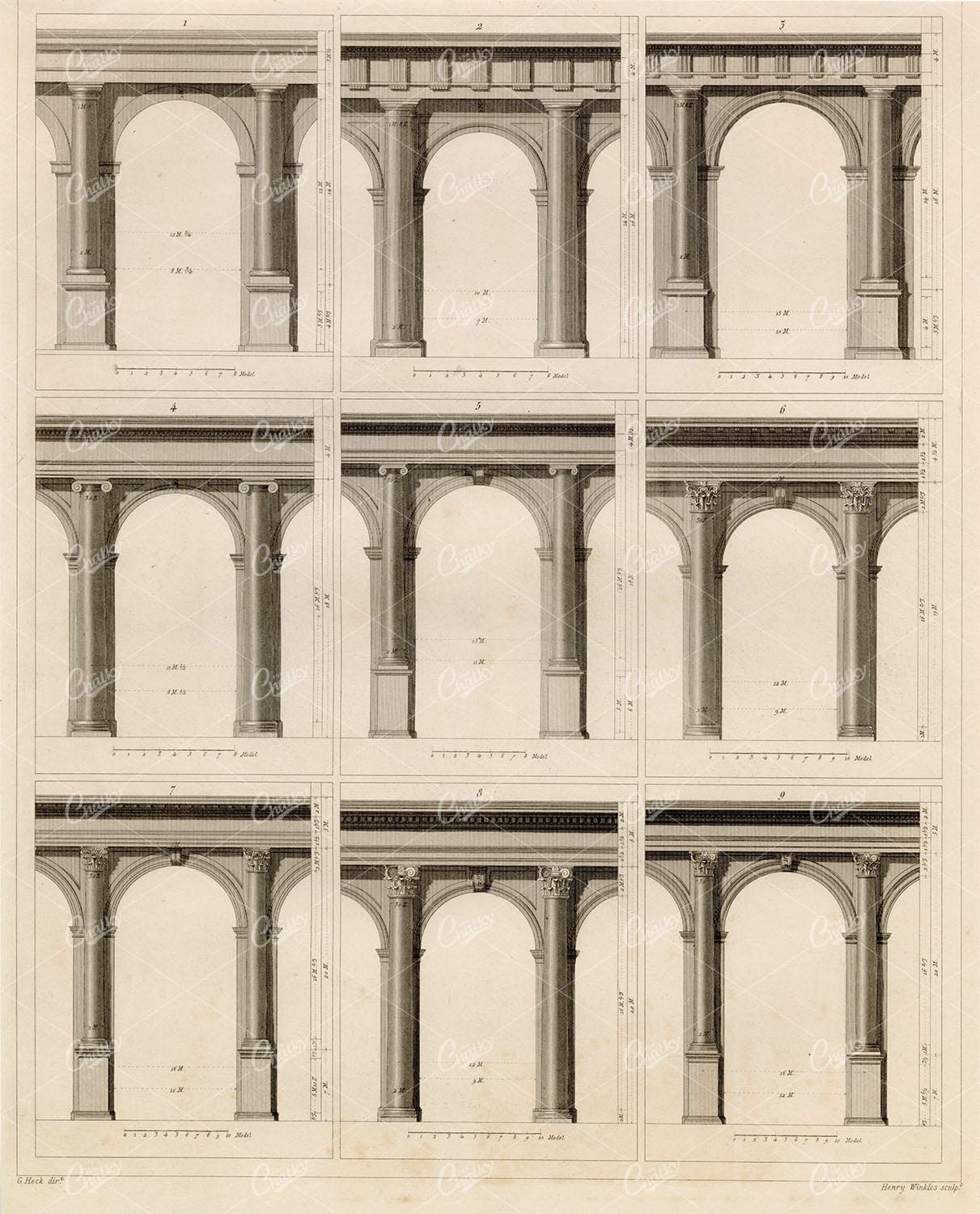 ANTIQUE Architecture - Tuscan, Doris, Ionic, Corinthian - 1851 Heck Print
