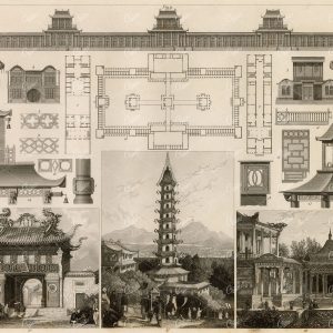 ANCIENT Chinese Architecture - Antique Johann Heck 1851 Original Print