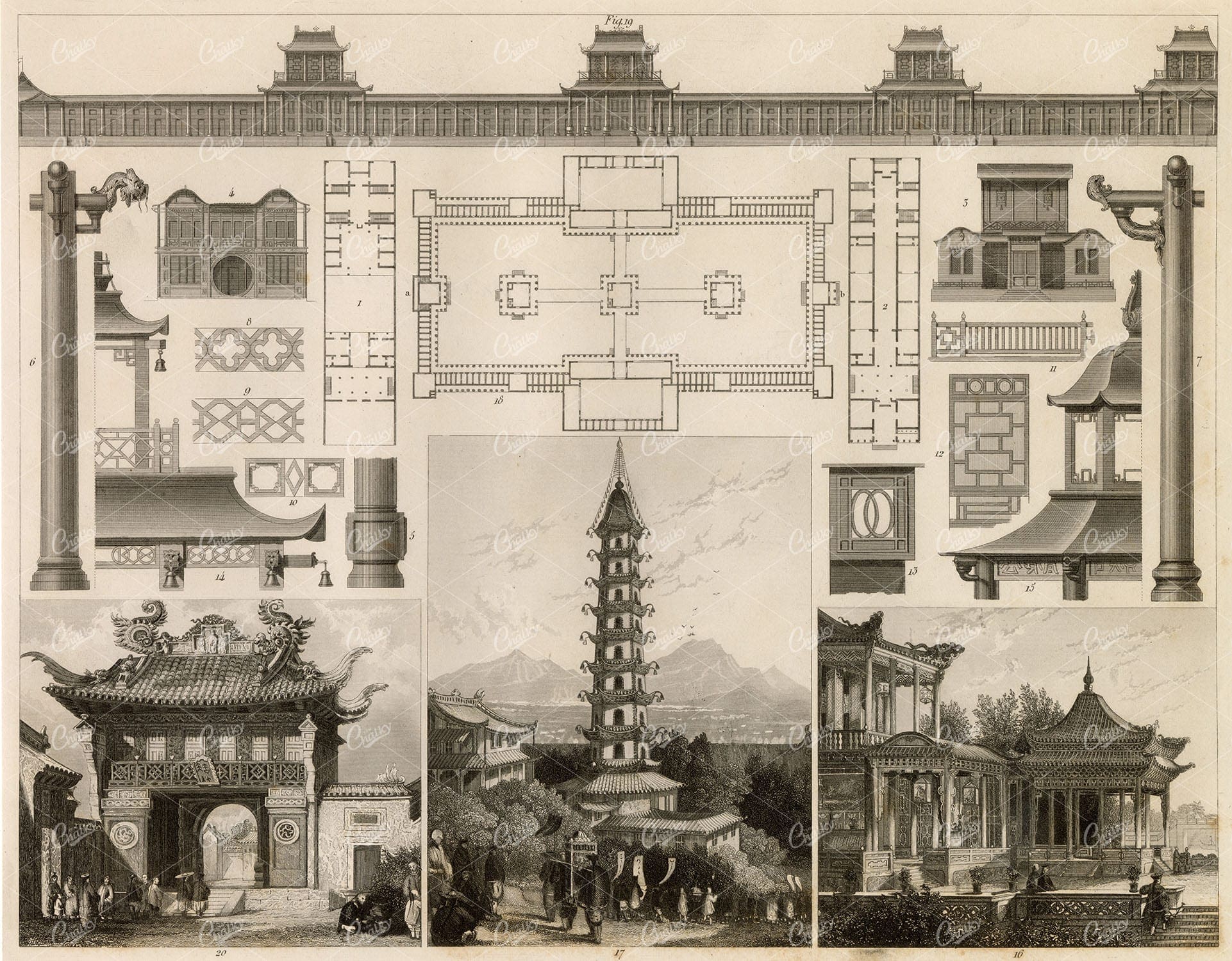 ANCIENT Chinese Architecture - Antique Johann Heck 1851 Original Print