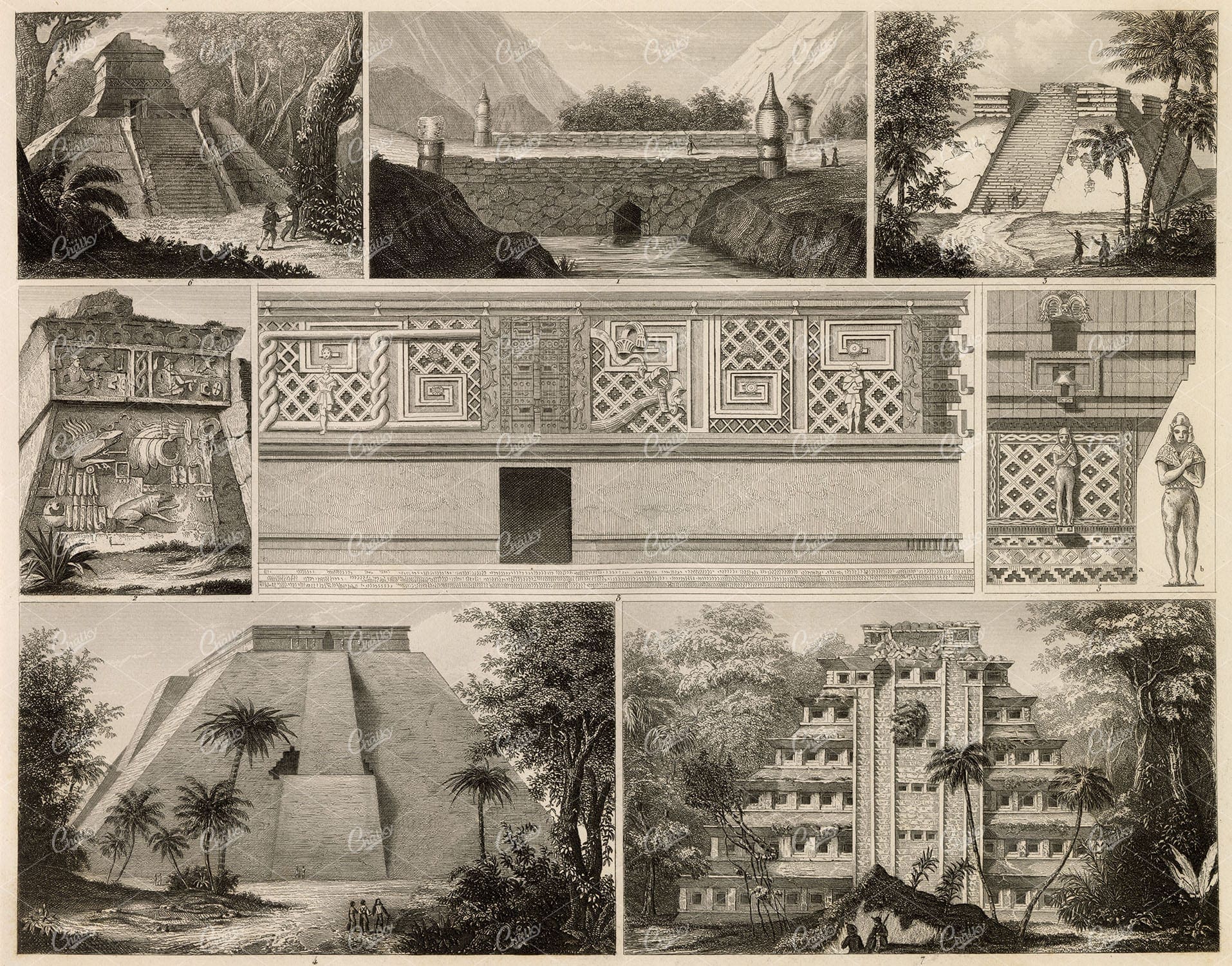 ANTIQUE Architecture - Ancient Temples and Pyramids - 1851 Engraving