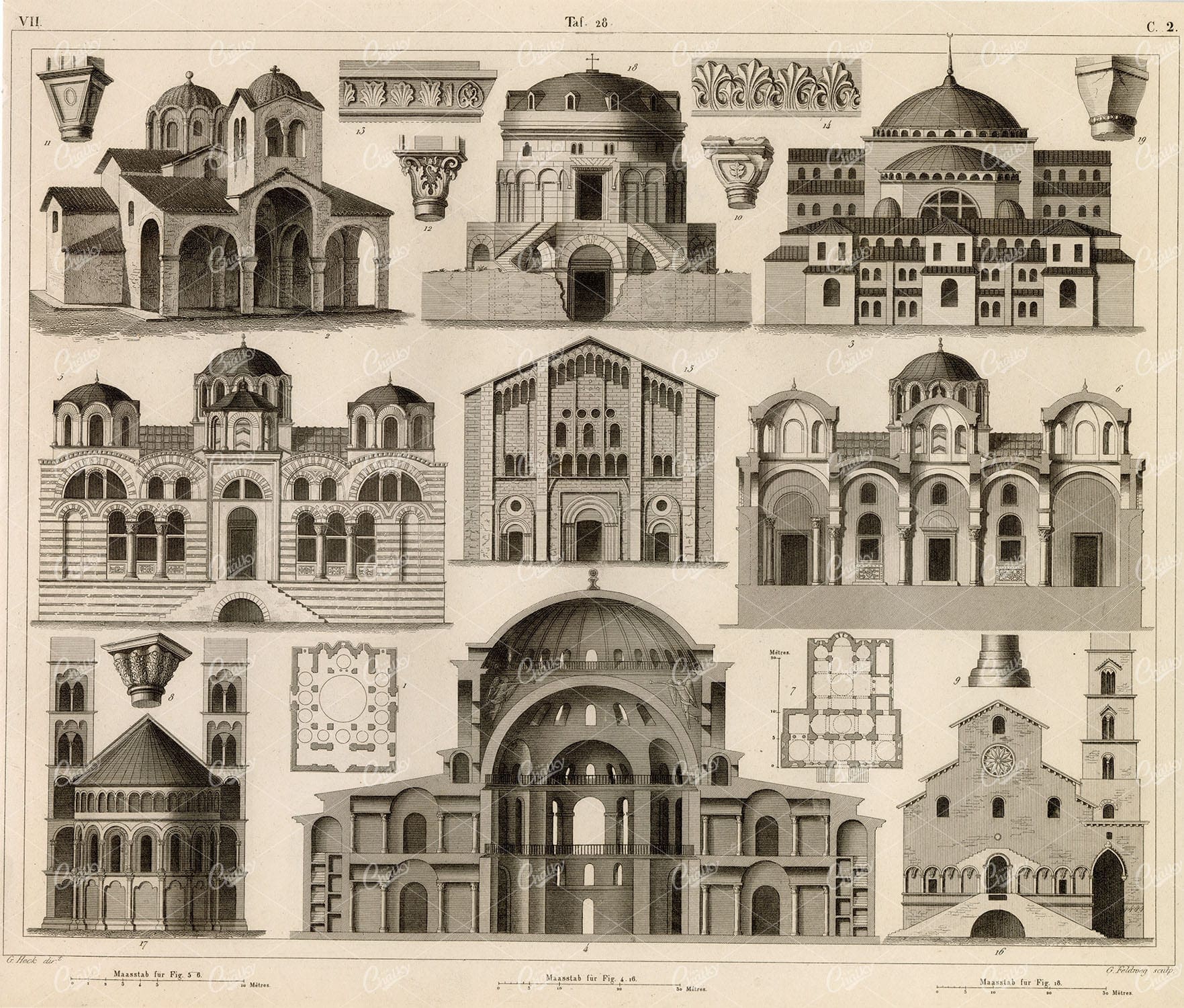 ANTIQUE Architecture - Various Ancient Churches - 1851 Original Print