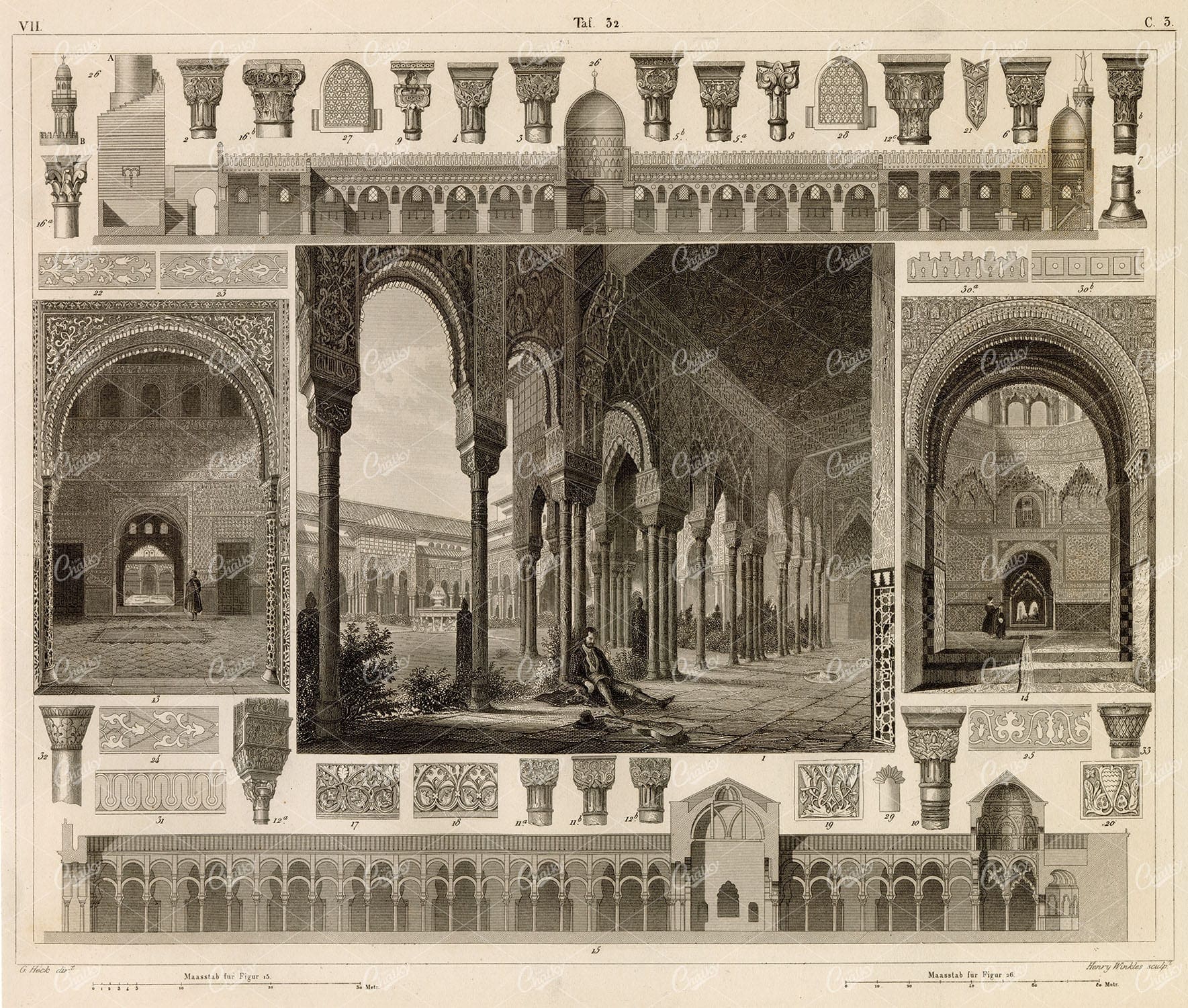 ANTIQUE Architecture Print - Court of the Lions in Alhambra - 1851 Art