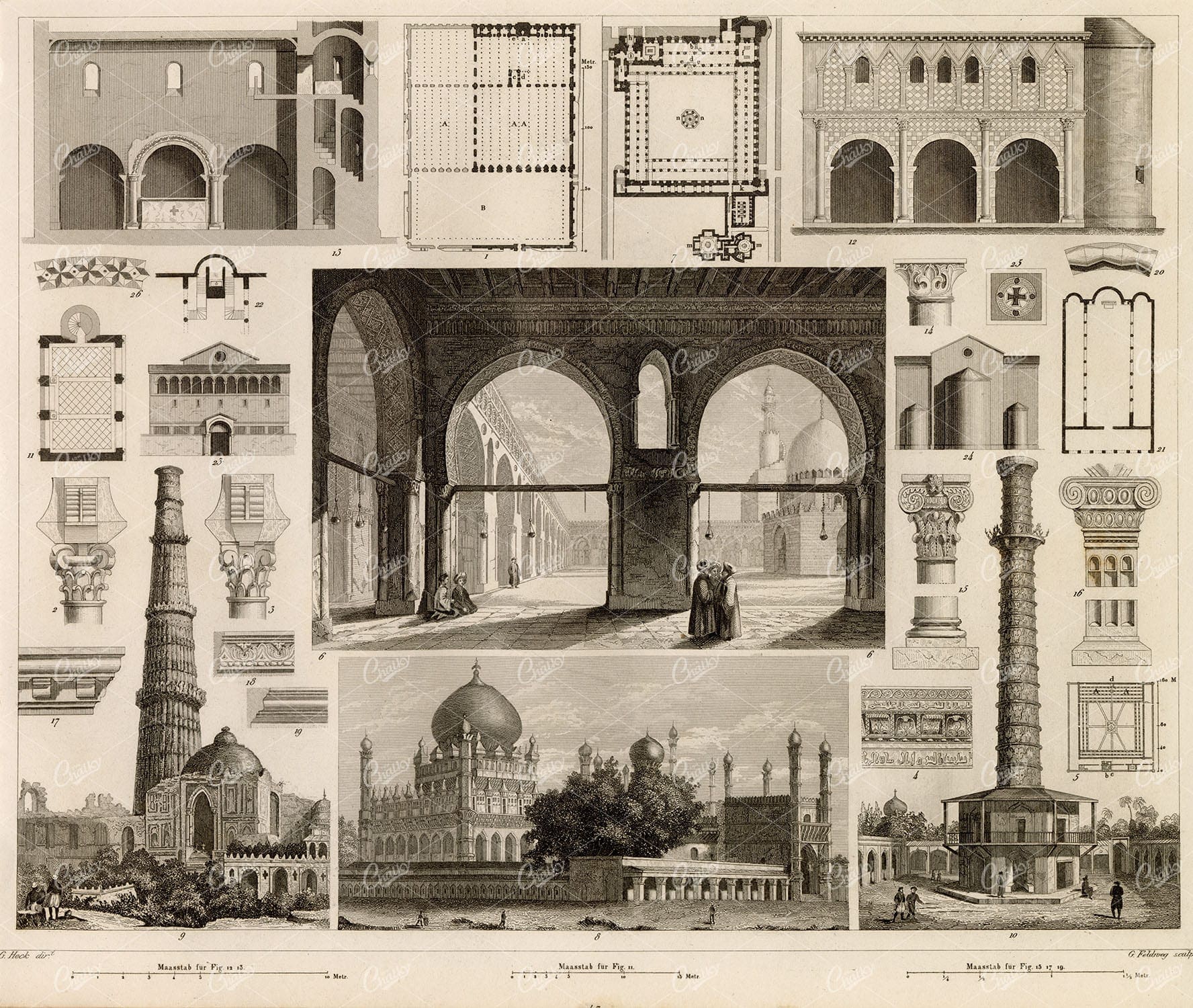 ANTIQUE Architecture Print - Ancient Mausoleum, Mosque, Abbey - 1851