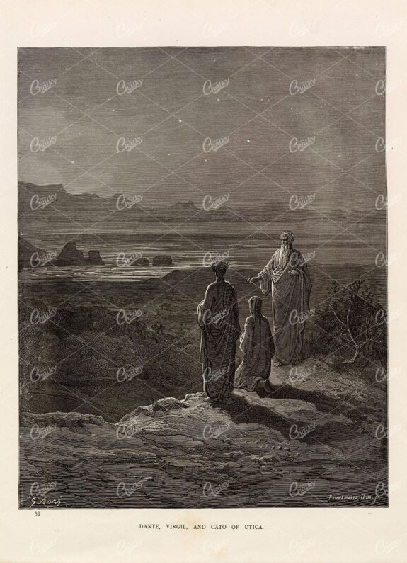 DANTE, Virgil, and Cato of Utica - Antique Bible Art - Gustave Dore 1891