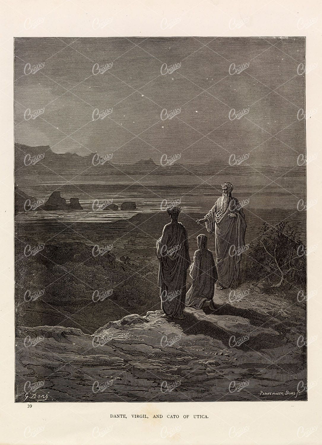 DANTE, Virgil, and Cato of Utica - Antique Bible Art - Gustave Dore 1891