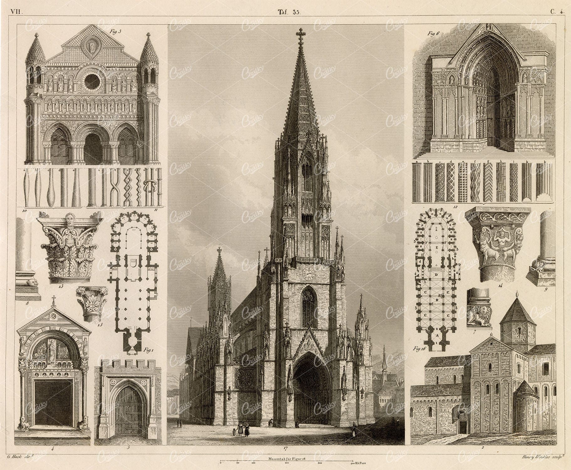 ANTIQUE Architecture Print - Monastery of Freiburg - 1851 Engraving