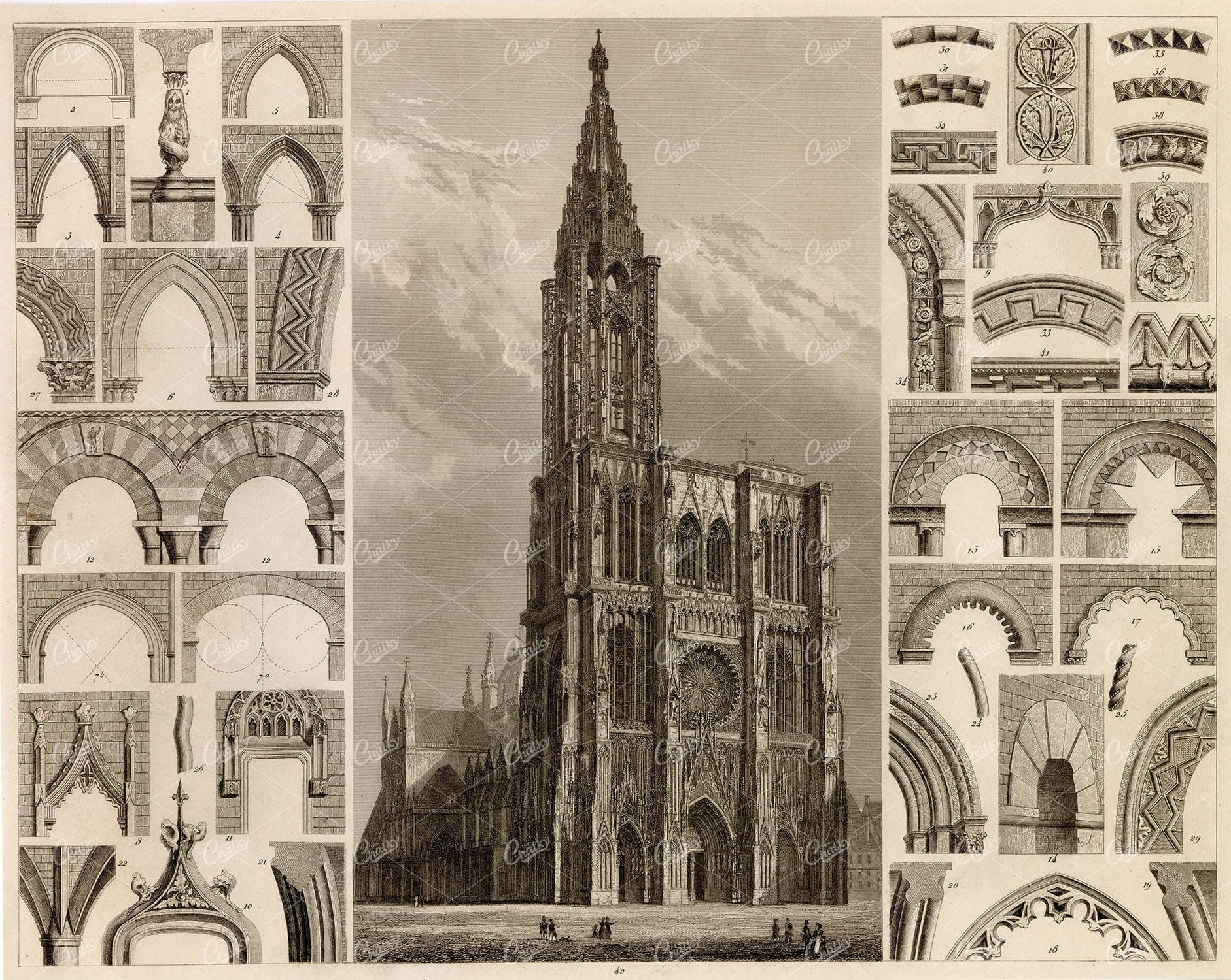 ANTIQUE Architecture Print - Ancient Church - 1851 Johann Hack Engraving