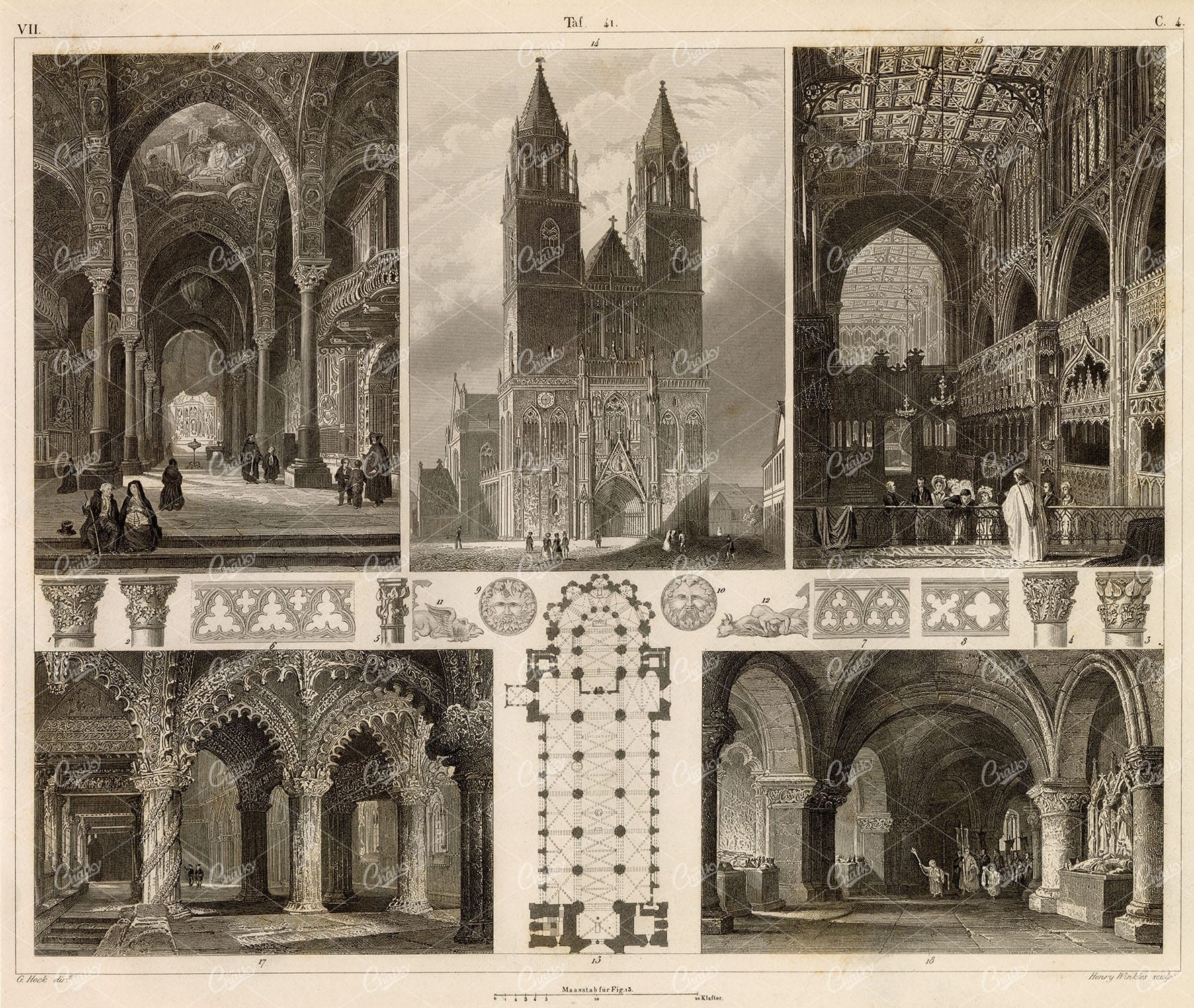 ARCHITECTURE - Middle Ages Churches and Cathedrals - 1851 Engraving