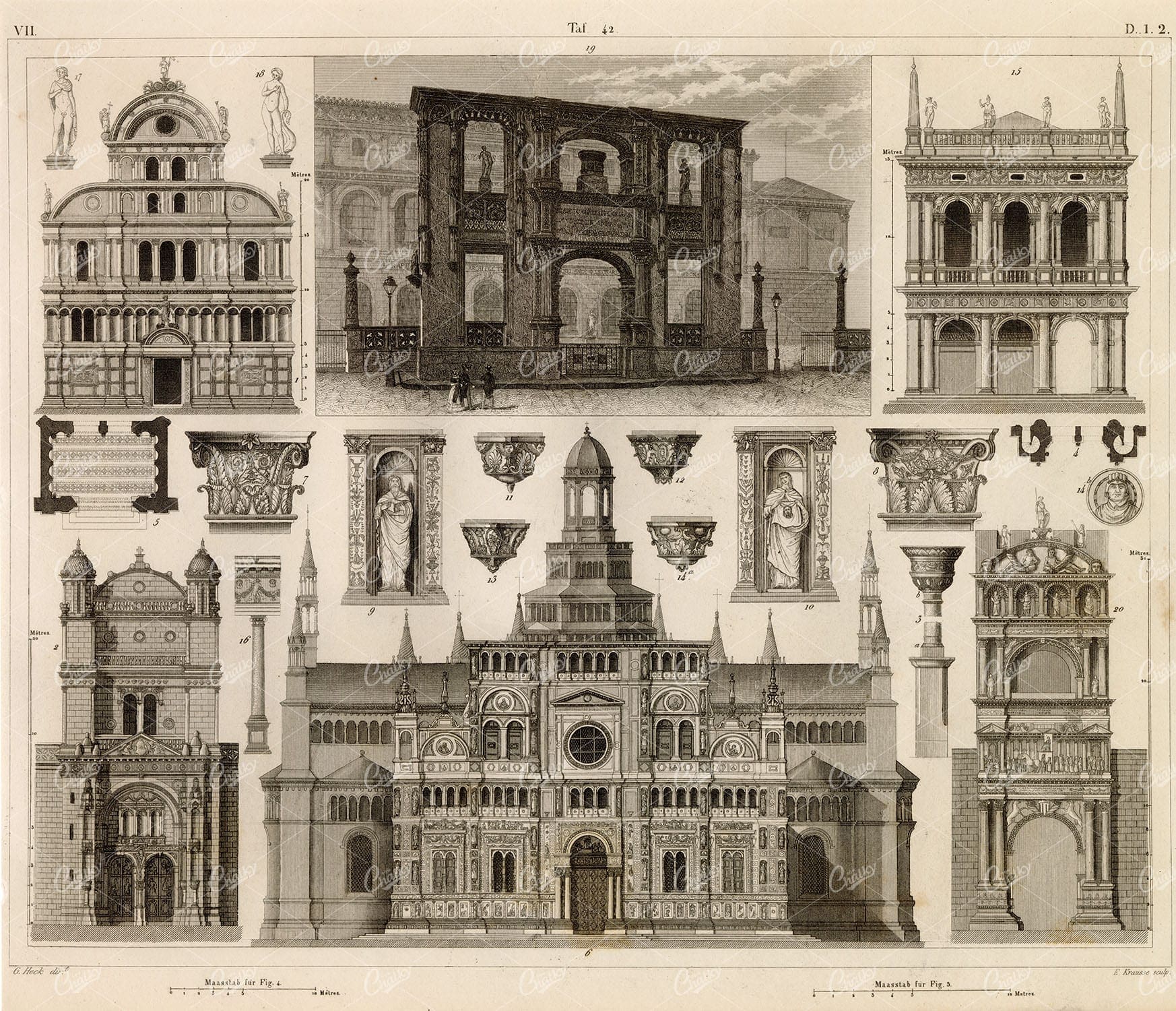 VENICE Royal Palace, Notre Dame Church - Antique Architecture Print 1851