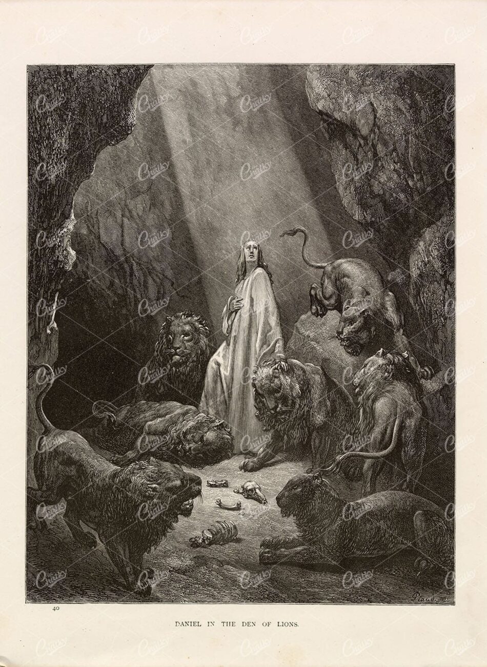 Daniel In The Lion's Den - Biblical Engraving With Dramatic Light