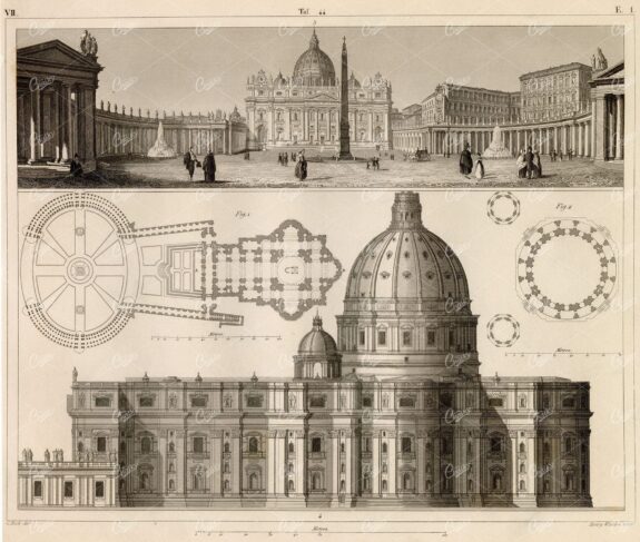SAINT Peters Basilica, Rome - Antique Architecture Print 1851 Johann Heck