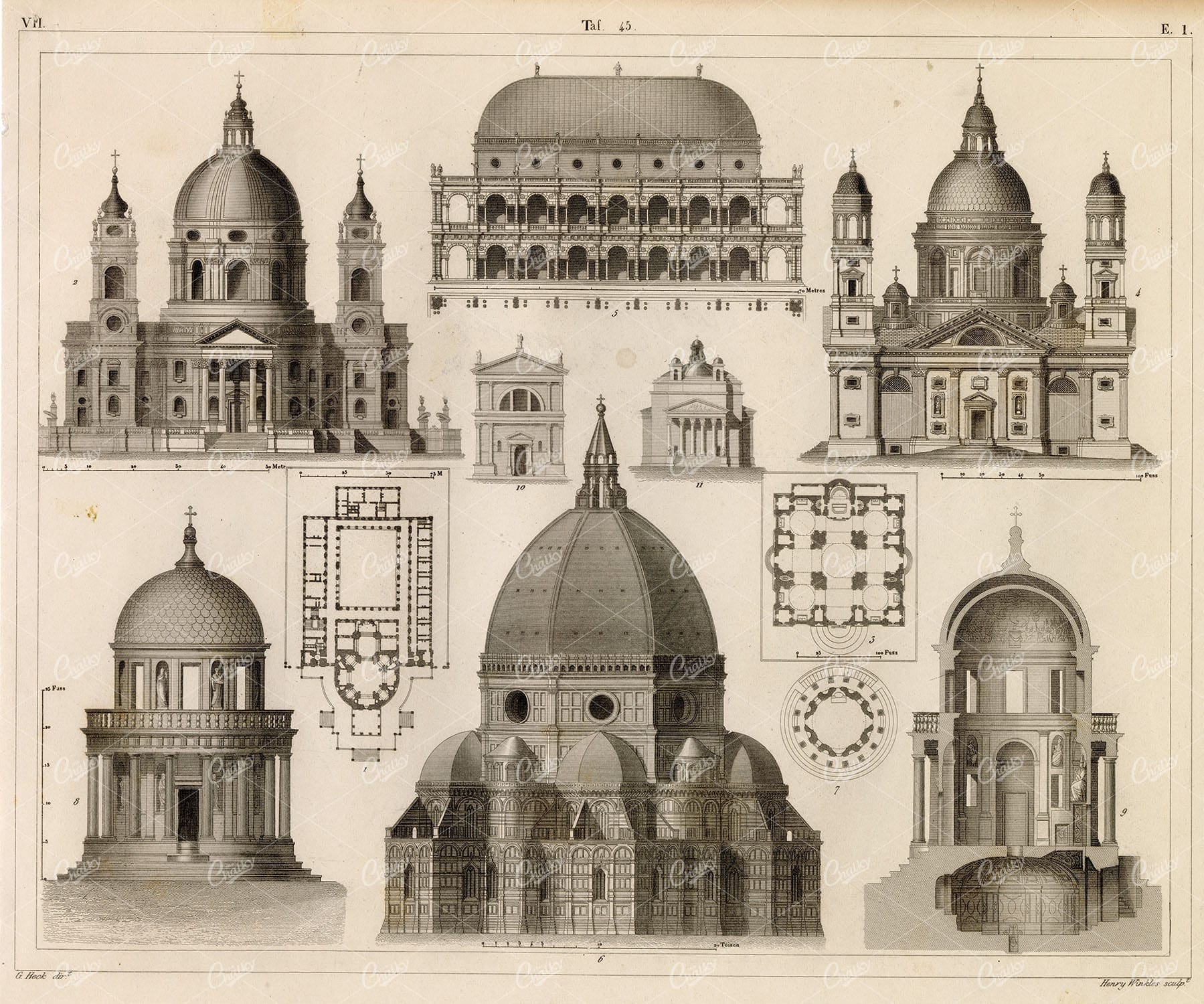 MIDDLE Ages Churches - Antique Architecture Illustration 1851 J. Heck