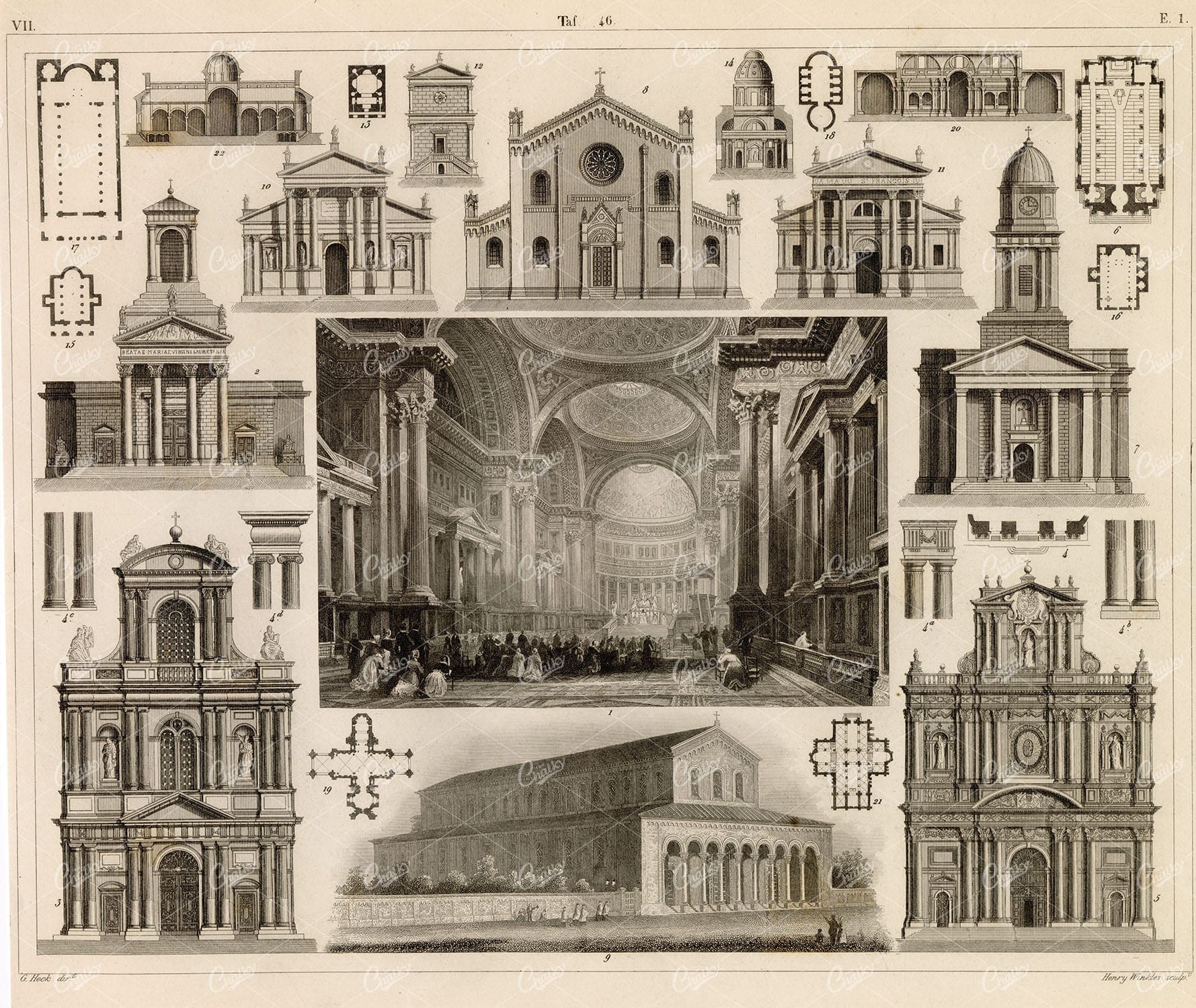 ANCIENT Churches, Plans, and Interiors - Antique Architecture Print 1851