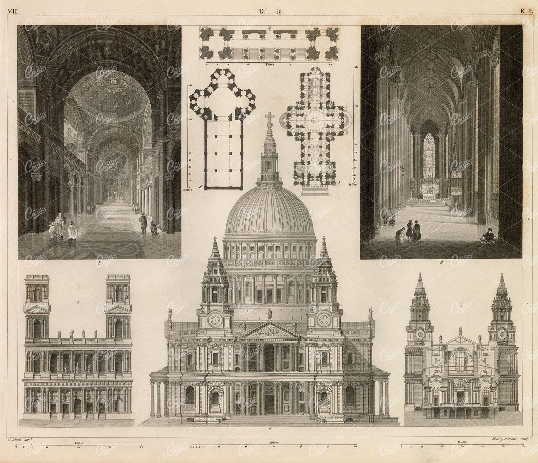 CHURCHES from London, Paris, Florence, and Munish - Antique Print 851
