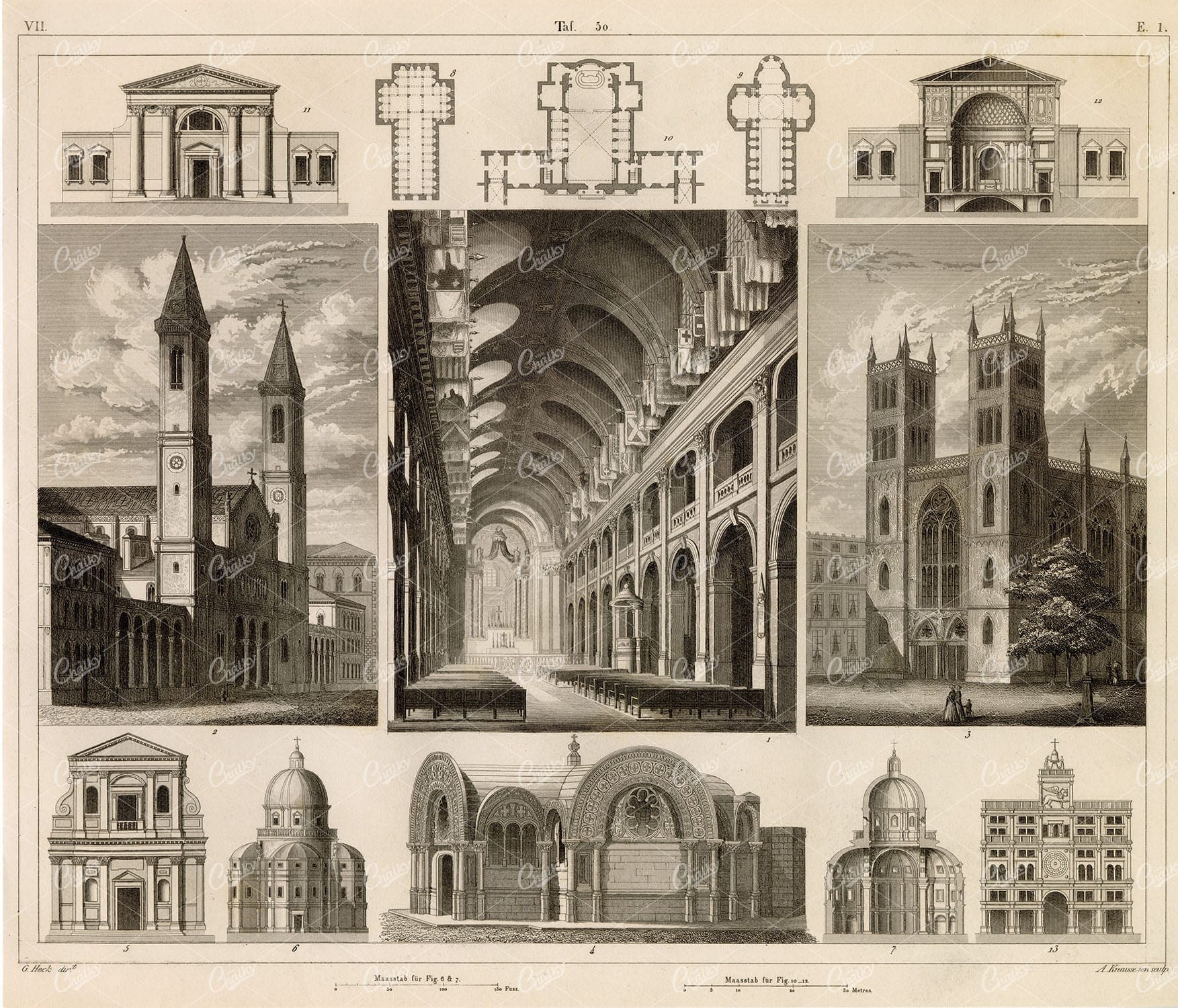 ANCIENT Churches and Chapels - Antique Architecture Art - Original 1851