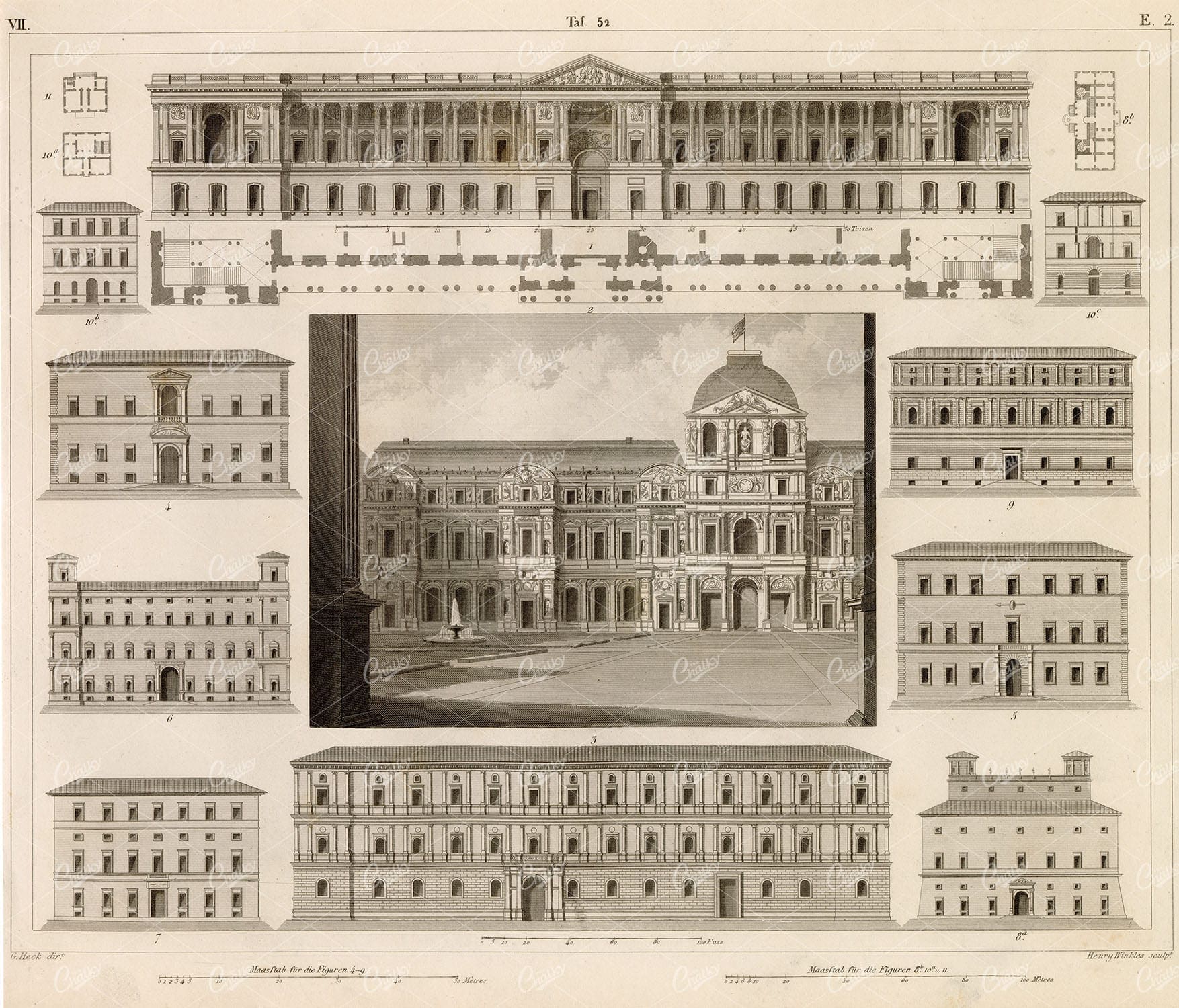 LOUVRE in Paris and Various Roman Architecture - Original 1851 Print