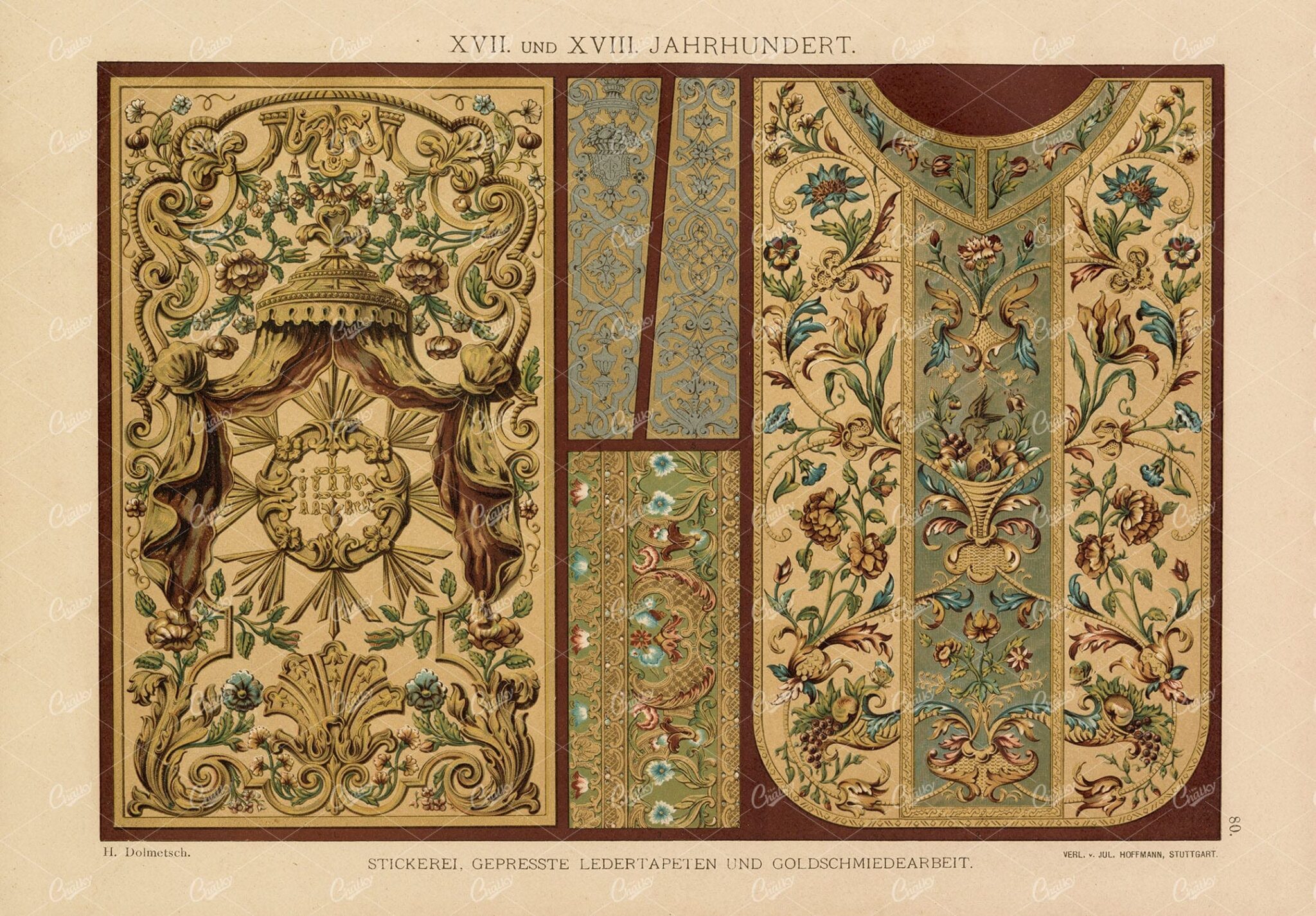 17TH & 18TH Century - Embroidery, Leather and Goldsmith Work - 1889 Print