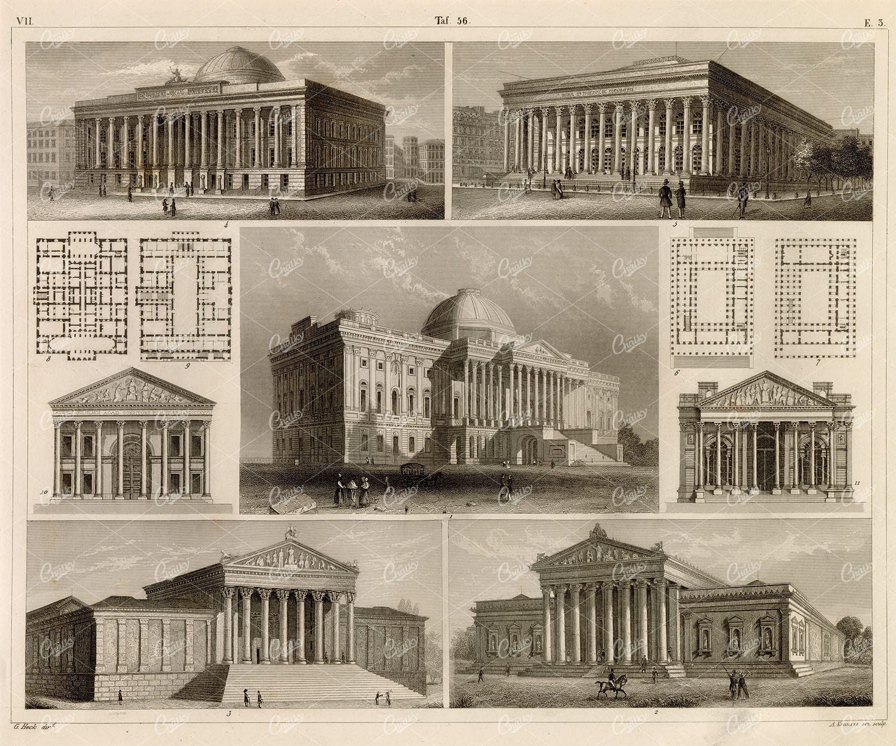 ARCHITECTURE - The Exchange in Paris, New York, and London - 1851 Print