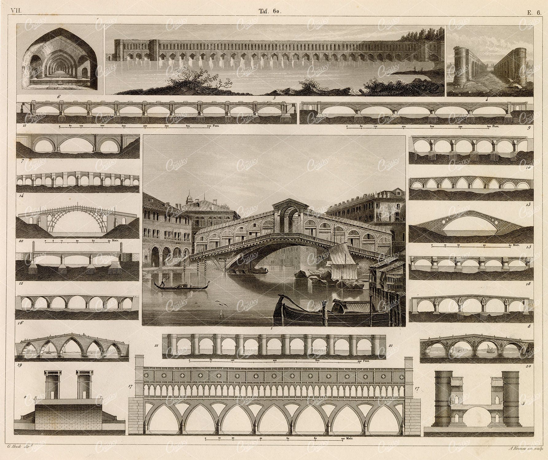 BRIDGE Over Rialto in Venice and Other Bridges - 1851 Antique Print