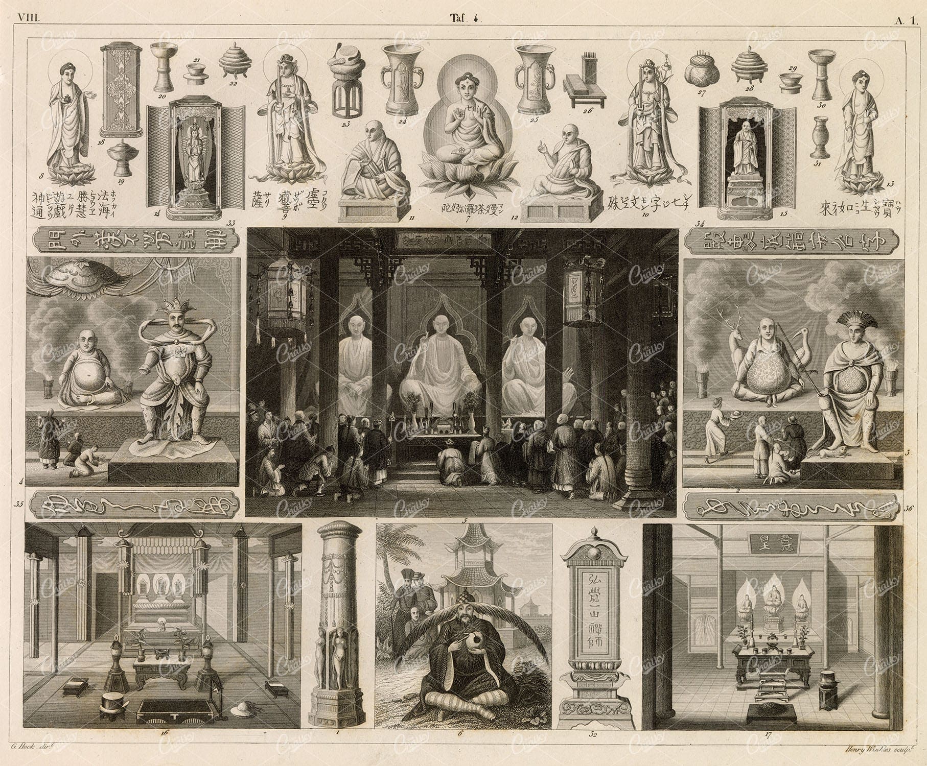 CHINESE and Japanese Gods / Idols - Johann Heck 1851 Antique Print