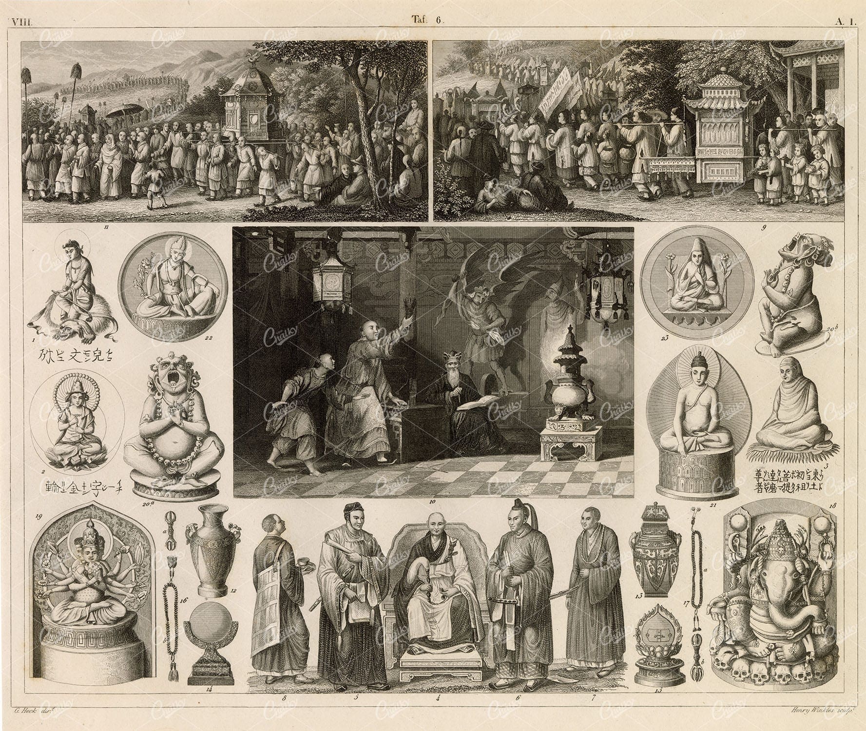 CHINESE and Japanese Idols, Priests, and Processions - 1851 Antique Print