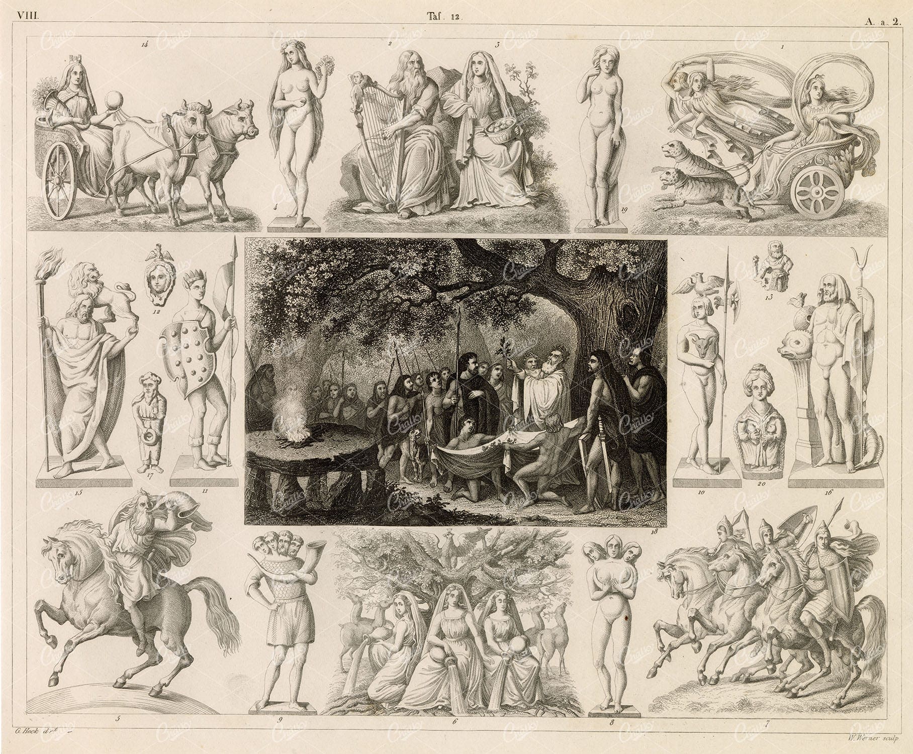 GODS and Godesses - Antique 1851 Original Engraving by Johann Heck