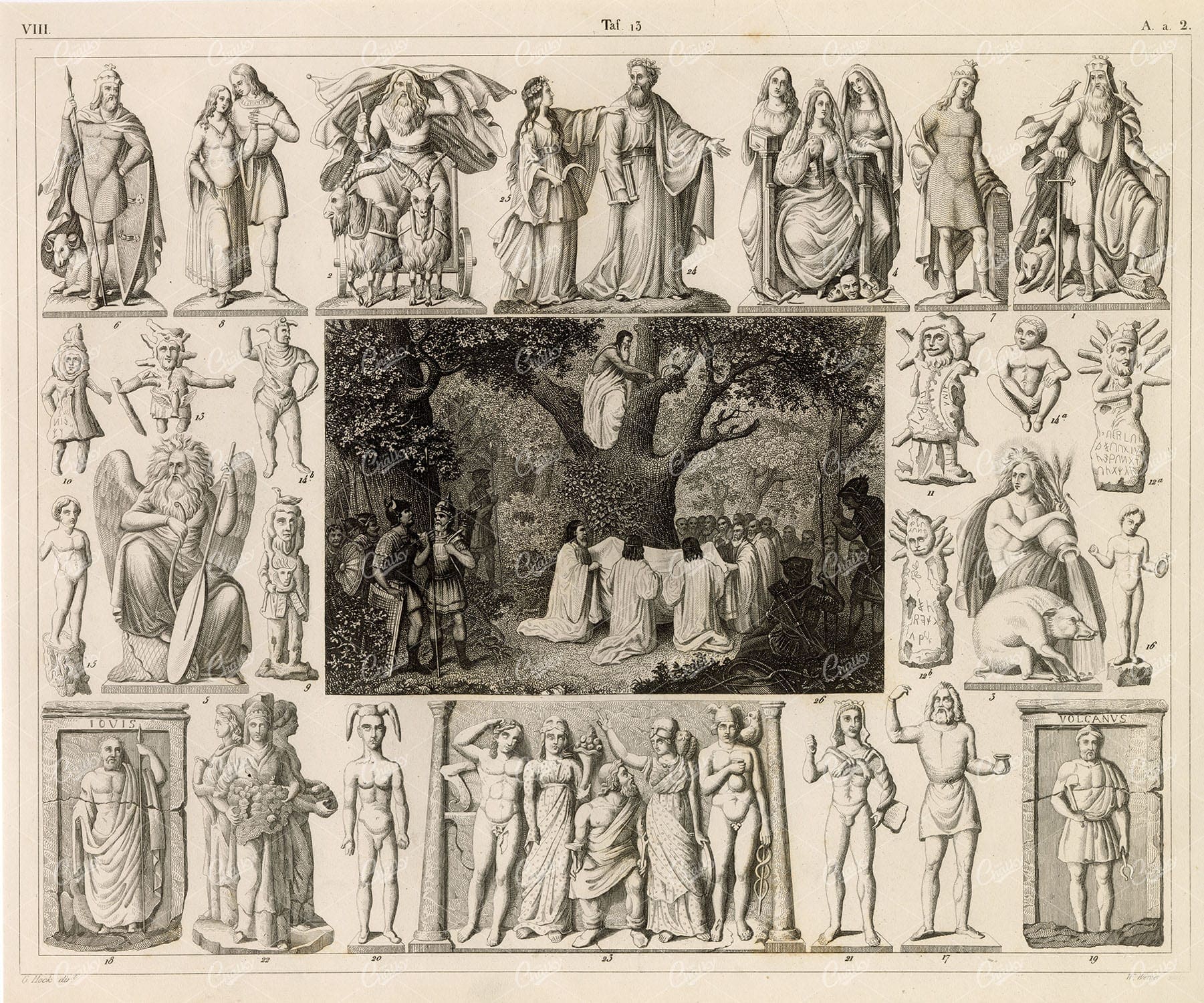 GODS and Godesses - Antique 1851 Original Engraving by Johann Heck