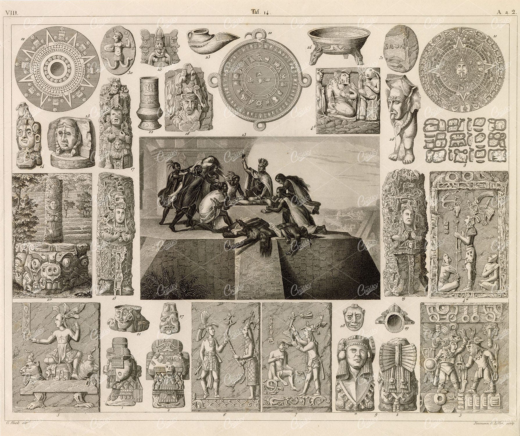 MEXICAN Idols - Antique 1851 Original Engraved Print by Johann Heck