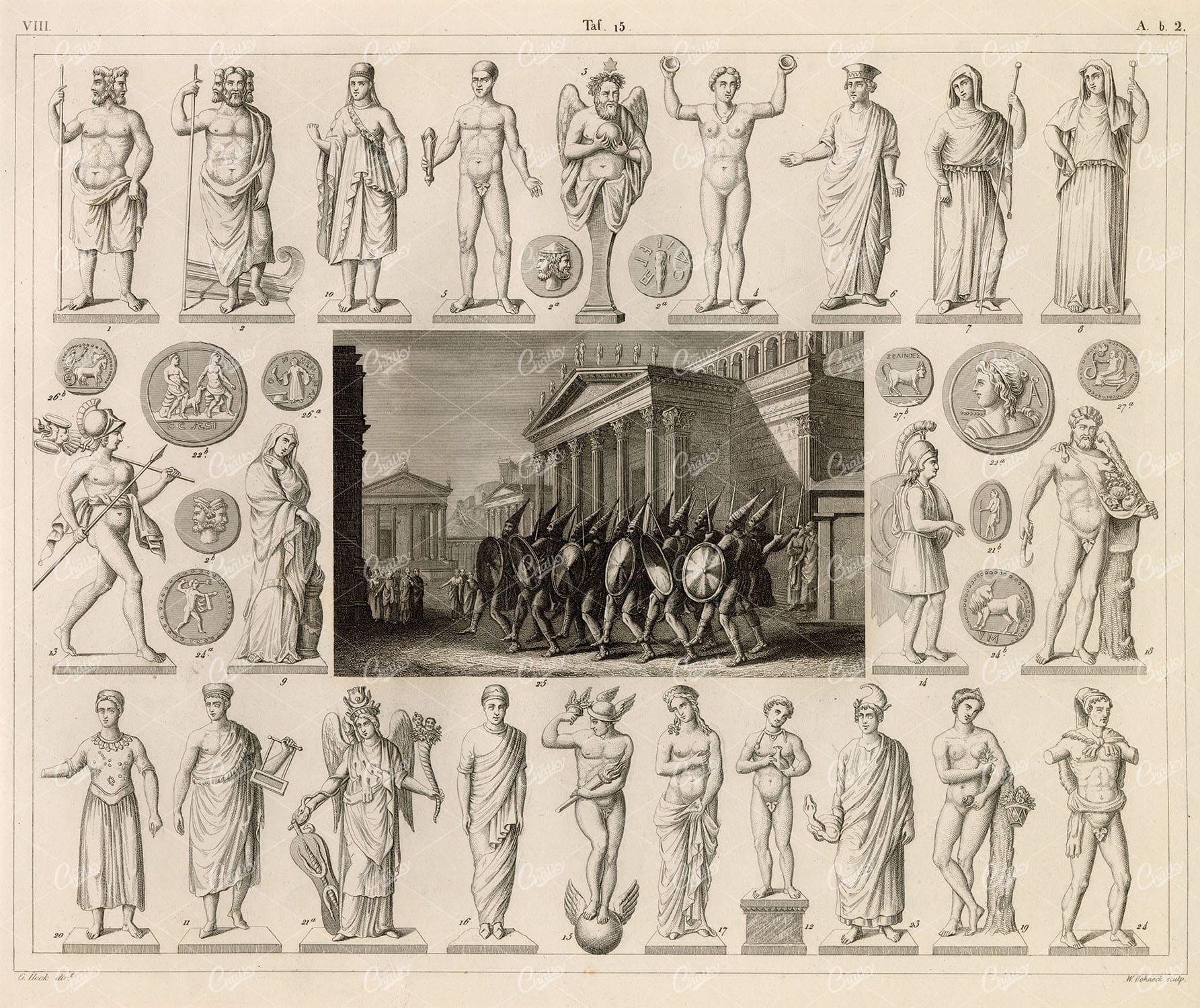 GODS and Godesses - Antique 1851 Original Engraving by Johann Heck