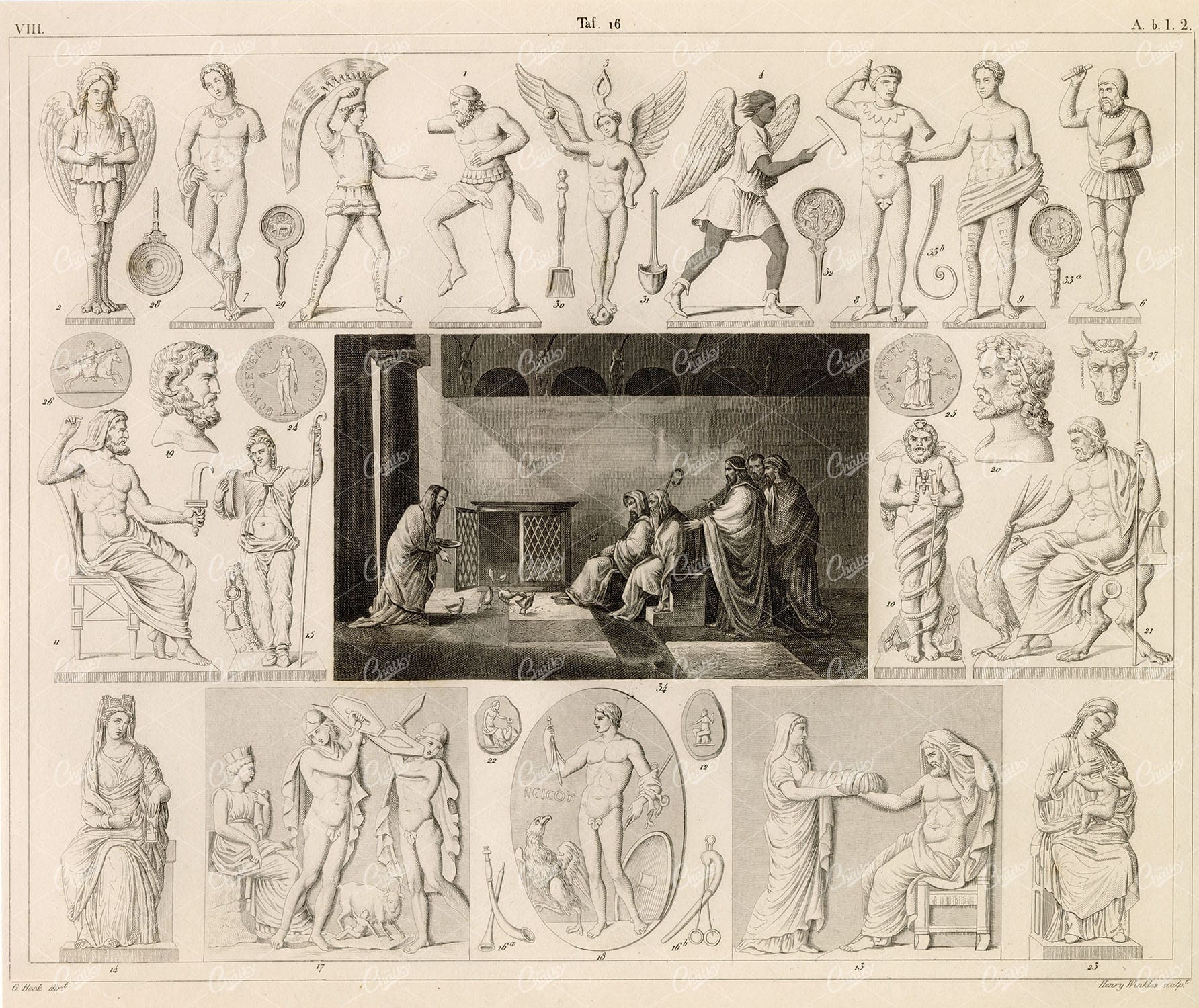 GODS and Godesses - Antique 1851 Original Engraving by Johann Heck