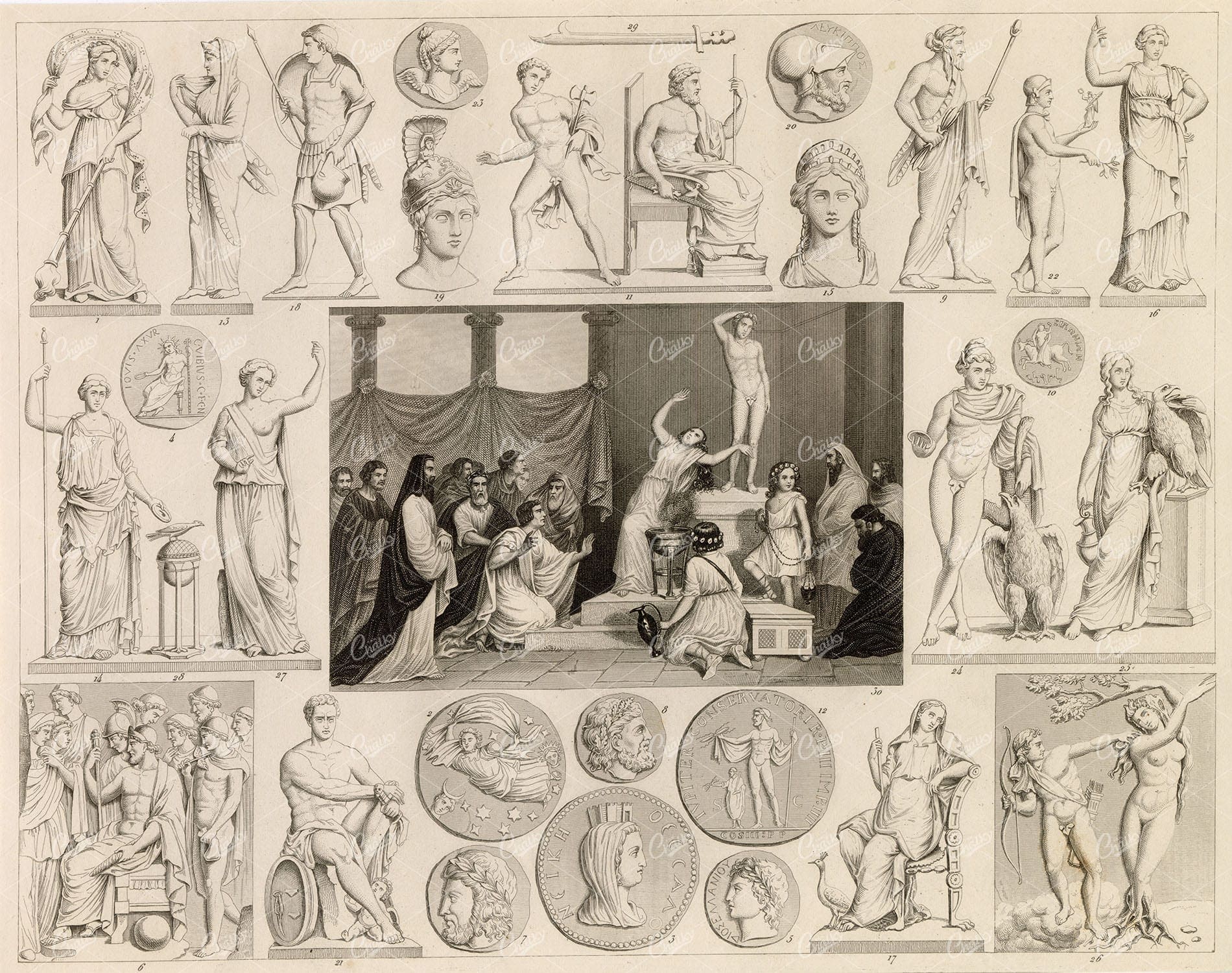 GODS and Godesses - Antique 1851 Original Engraving by Johann Heck