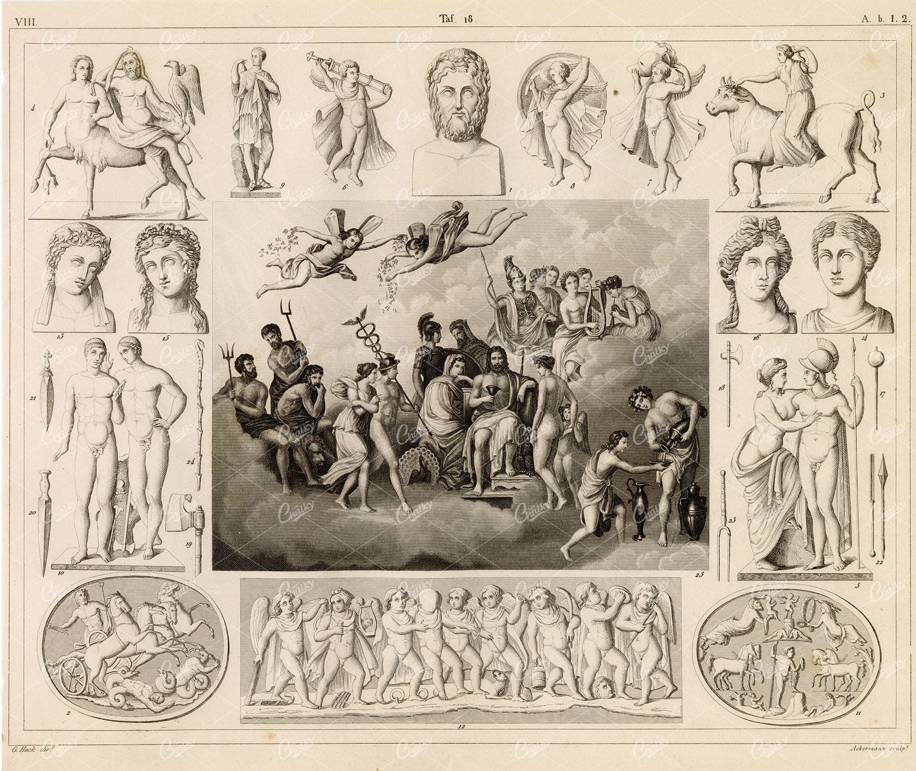 ROMAN Gods and Godesses - Antique 1851 Engraving by Johann Heck
