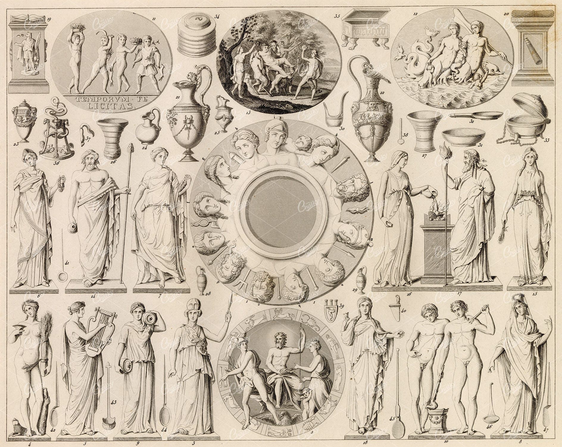 GODS and Godesses - Antique 1851 Original Engraving by Johann Heck
