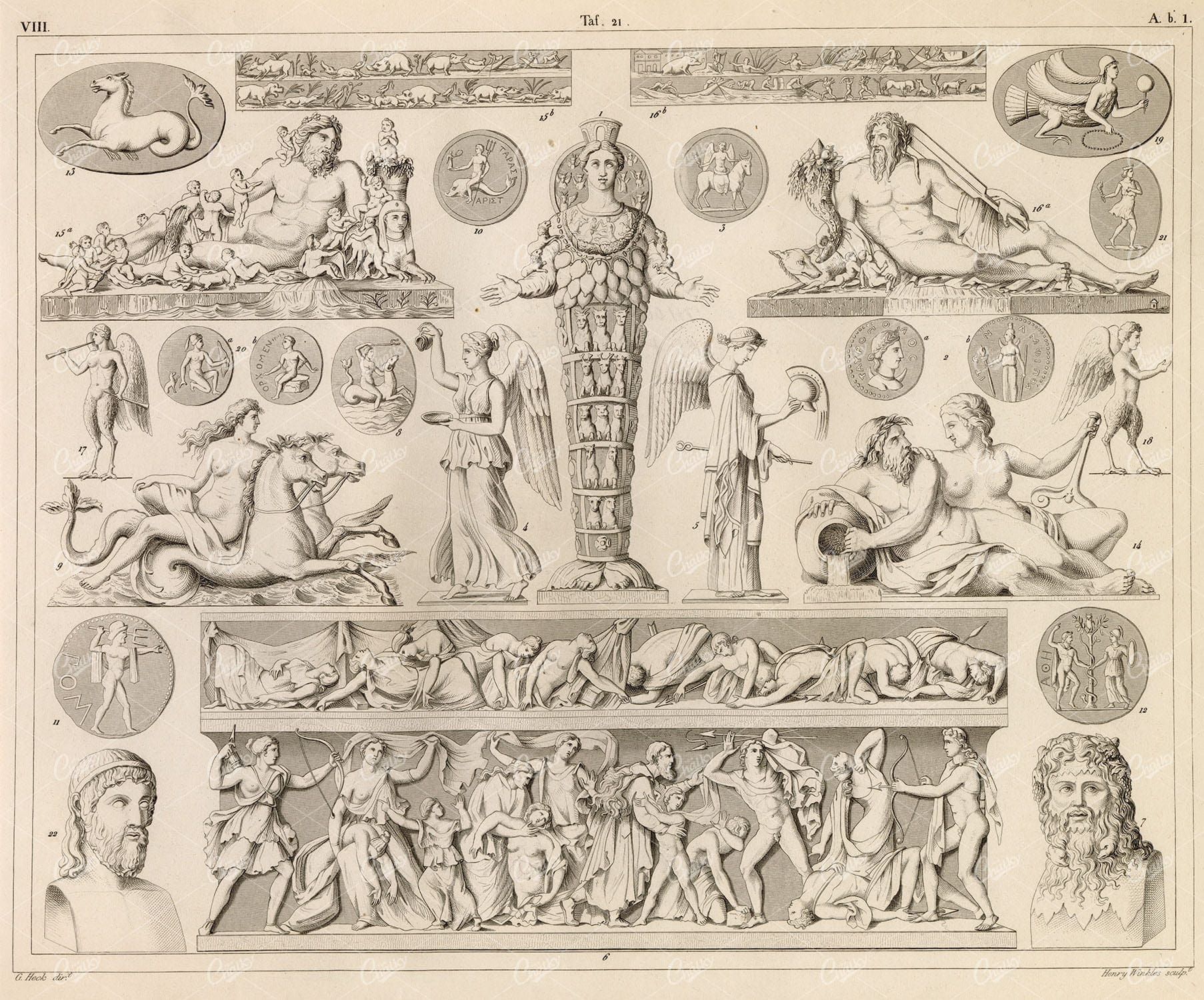 GODS and Godesses - Antique 1851 Original Engraving by Johann Heck