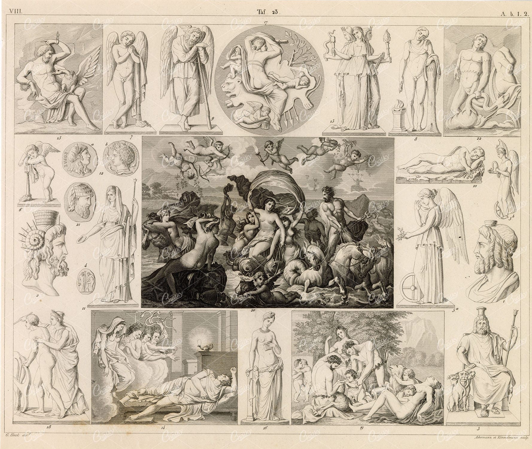 GODS and Godesses - Antique 1851 Original Engraving by Johann Heck